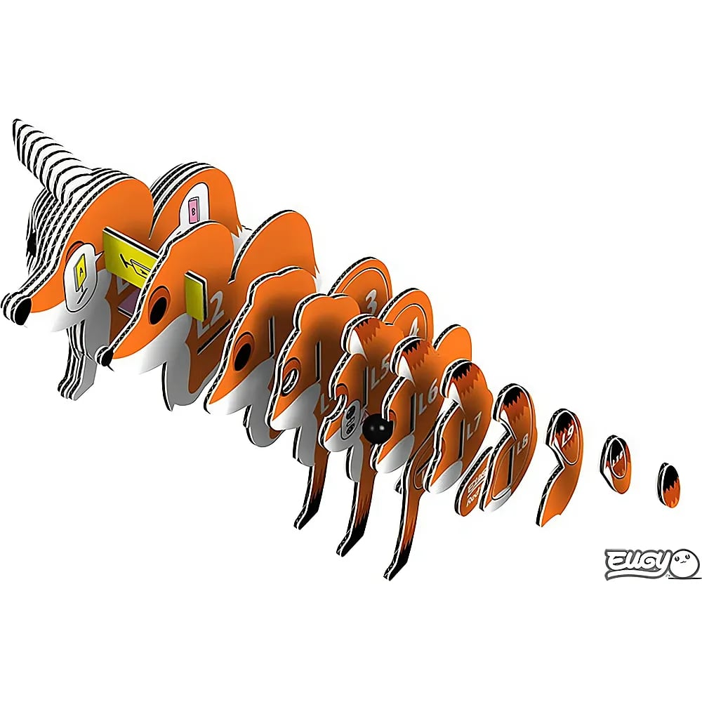 Pezzi di cartone di un puzzle 3D a forma di volpe in sequenza.