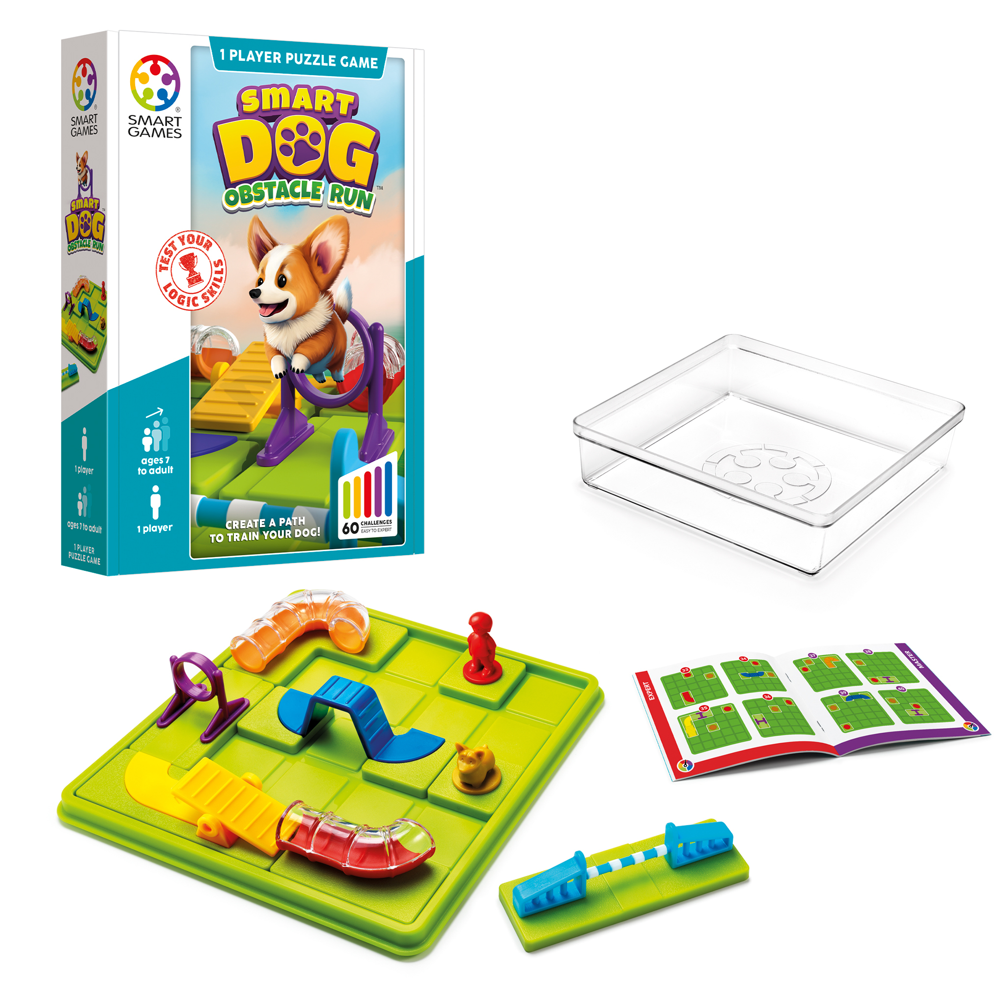 SmartGames Hund-Parcours Puzzlespiel-Box, grüne Spielbasis, Kunststoffteile, transparentes Tablett und Anleitung.