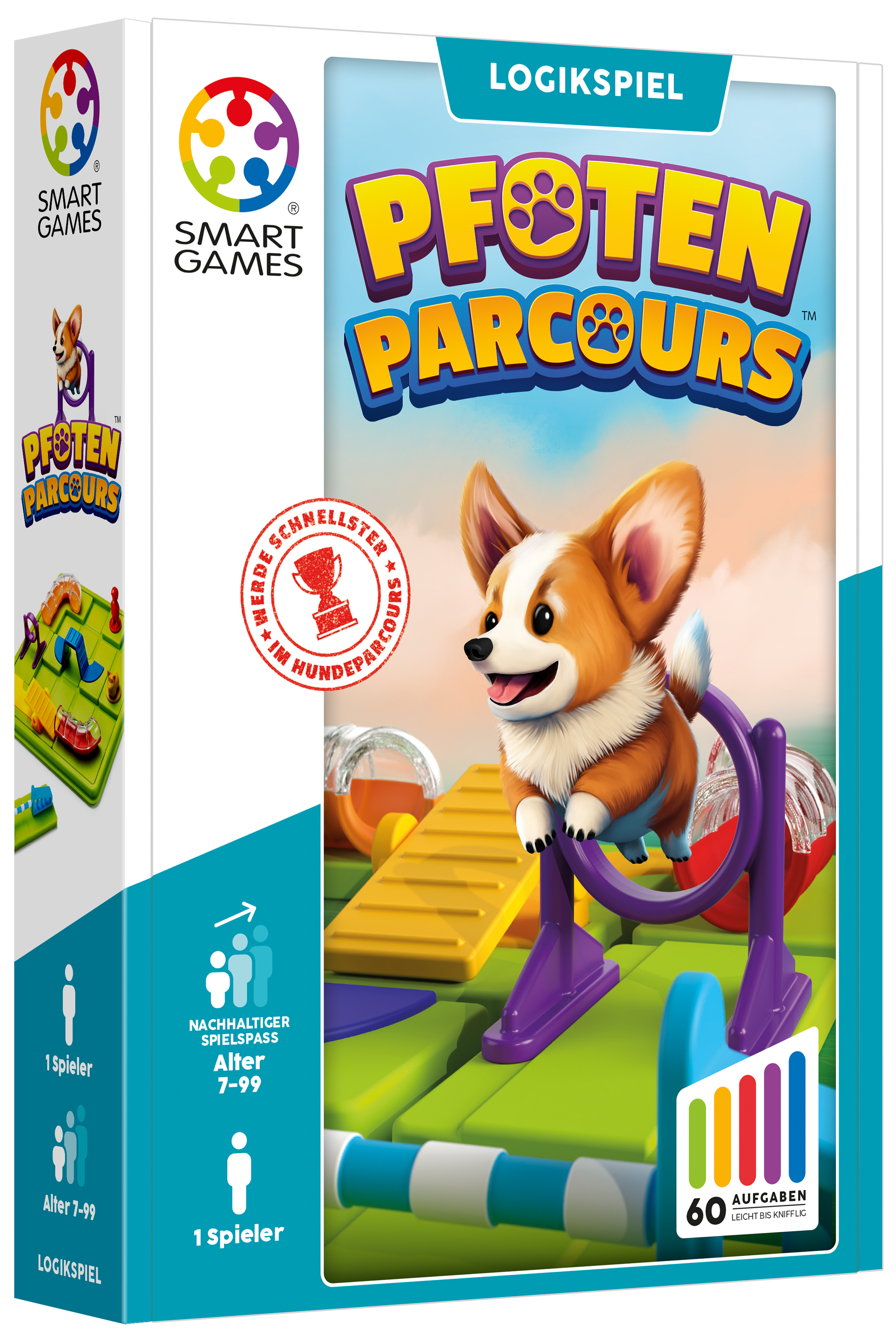 SmartGames Logikspiel "Pfoten Parcours" mit einem Corgi, der durch einen Ring springt.