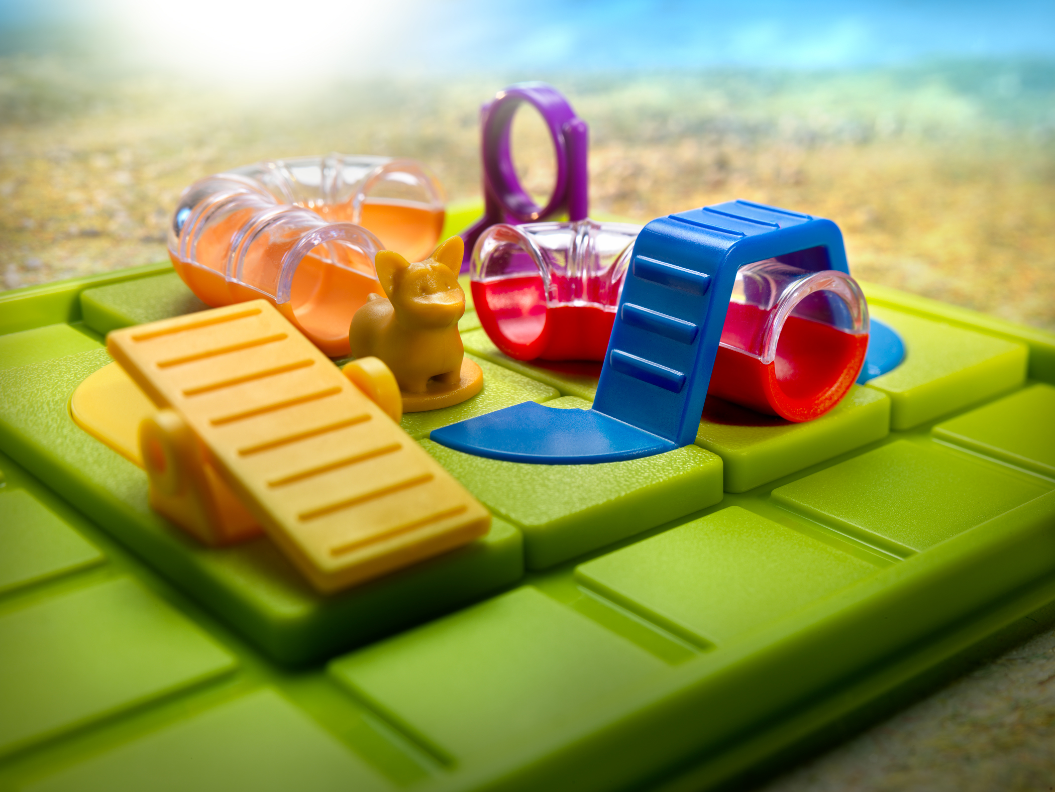 Ein gelber Spielzeughund steht auf einem grünen Brett mit bunten Hindernissen wie Tunneln und einer Wippe.