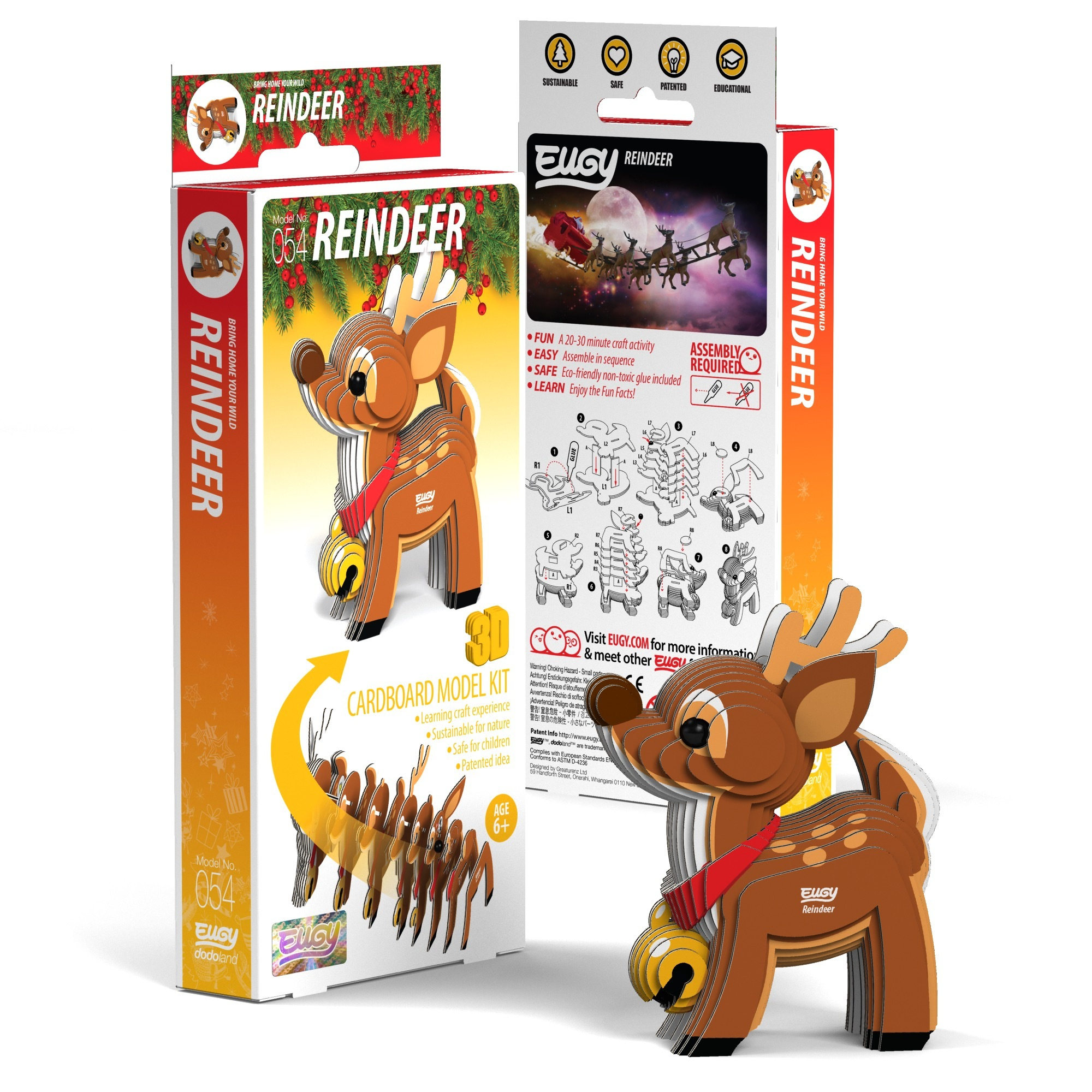 Un kit di modello 3D in cartone Eugy di una renna, mostrato con confezione e figura assemblata.