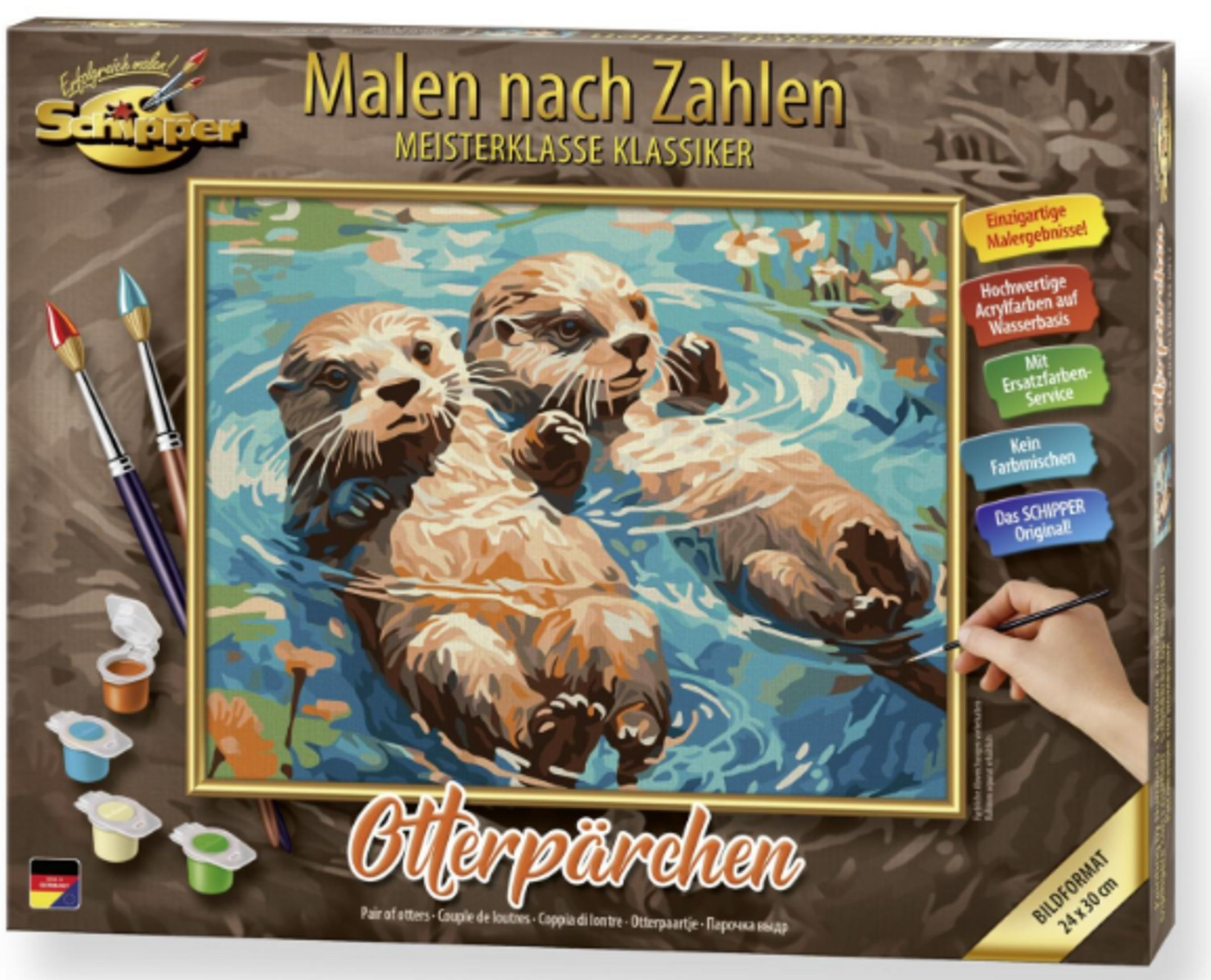 Schipper Malen nach Zahlen Set mit zwei Ottern im Wasser, Pinsel und Farben.