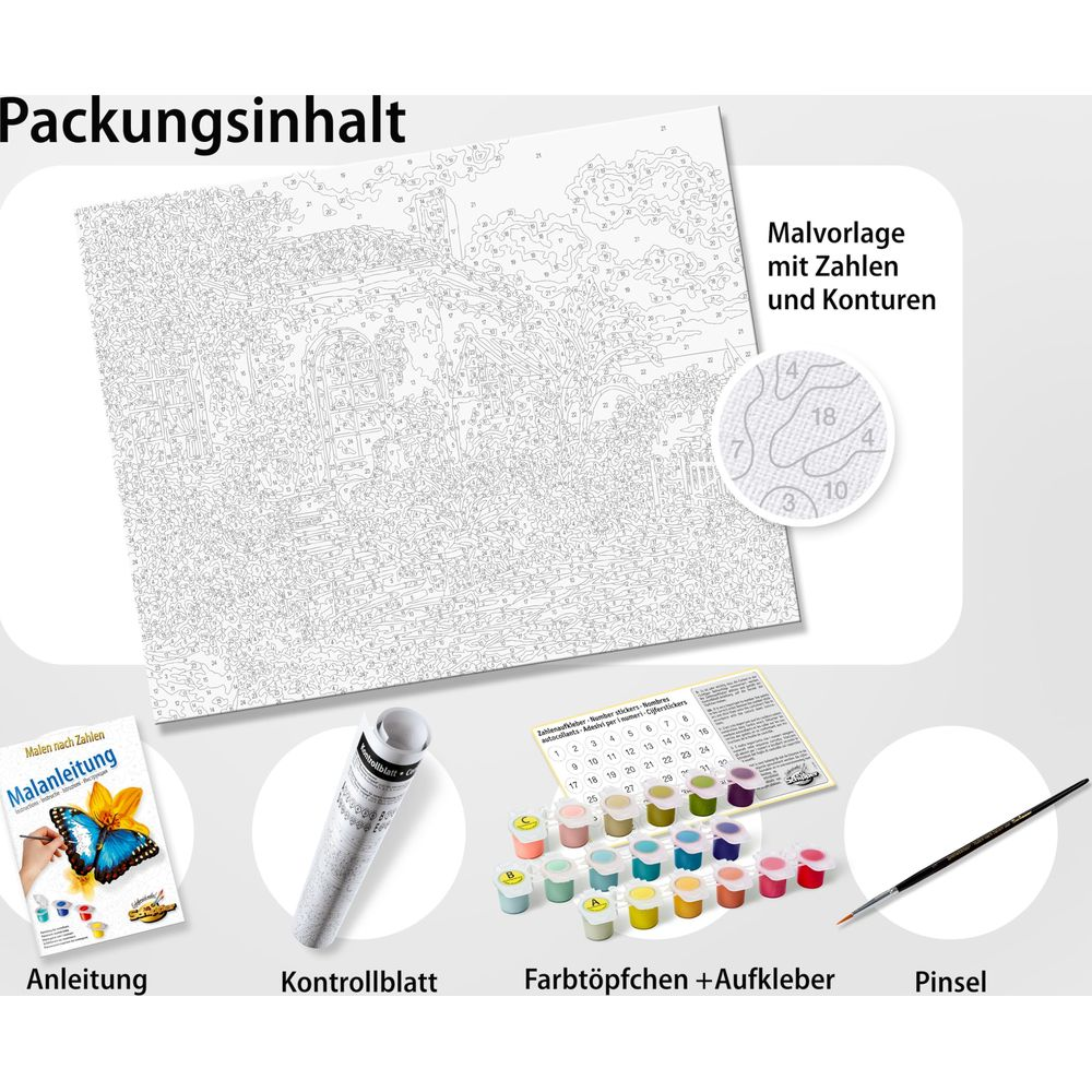 Packungsinhalt für Malen nach Zahlen mit Anleitung, Leinwand, Farbtöpfen und Pinsel.