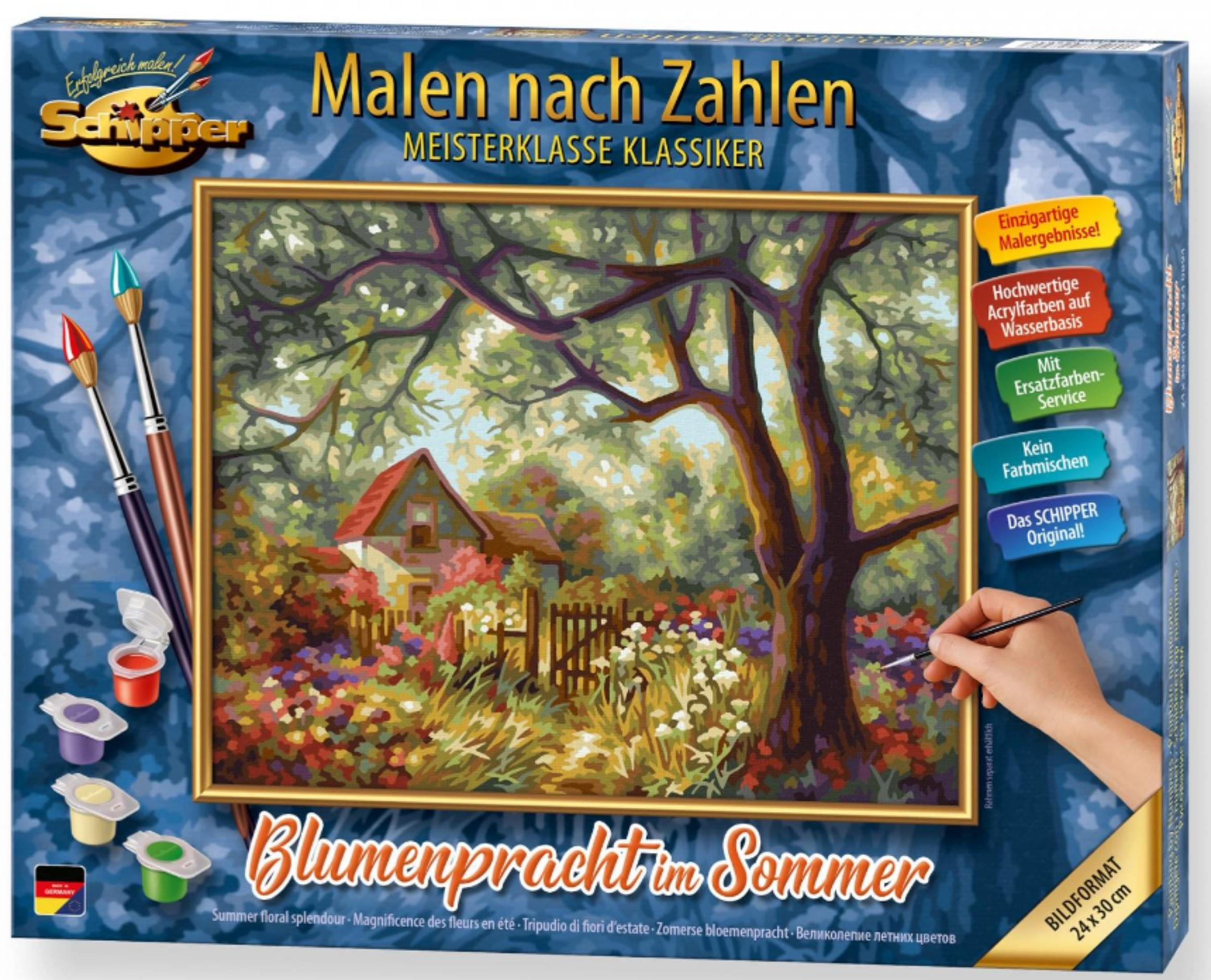 Schipper Malen nach Zahlen Set mit Sommergarten, Haus, bunten Blumen und einer Person, die mit Pinsel malt.