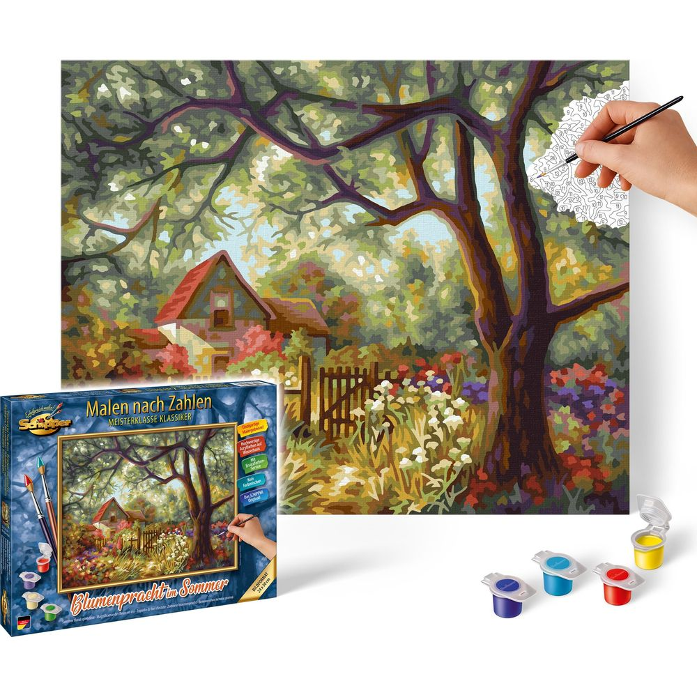 Ein Mal-nach-Zahlen-Set zeigt ein Gemälde mit Baum, Haus und Garten. Farben und Schachtel liegen bereit.