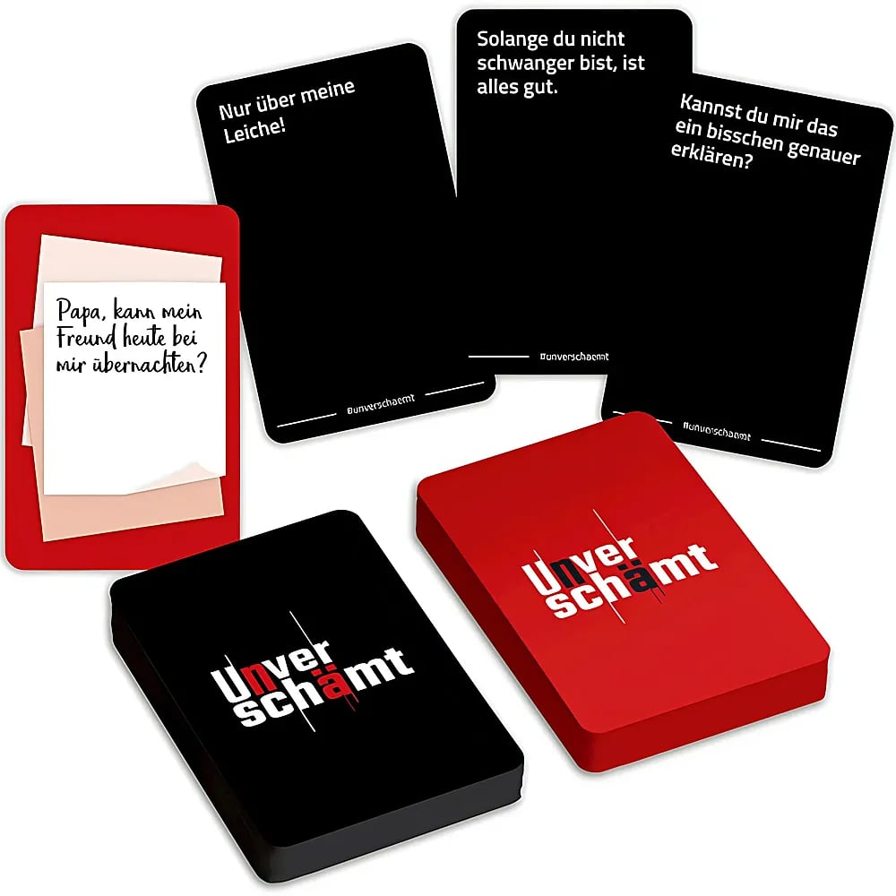 Rote und schwarze Spielkarten mit deutschem Text und Schachteln mit der Aufschrift Unverschämt.