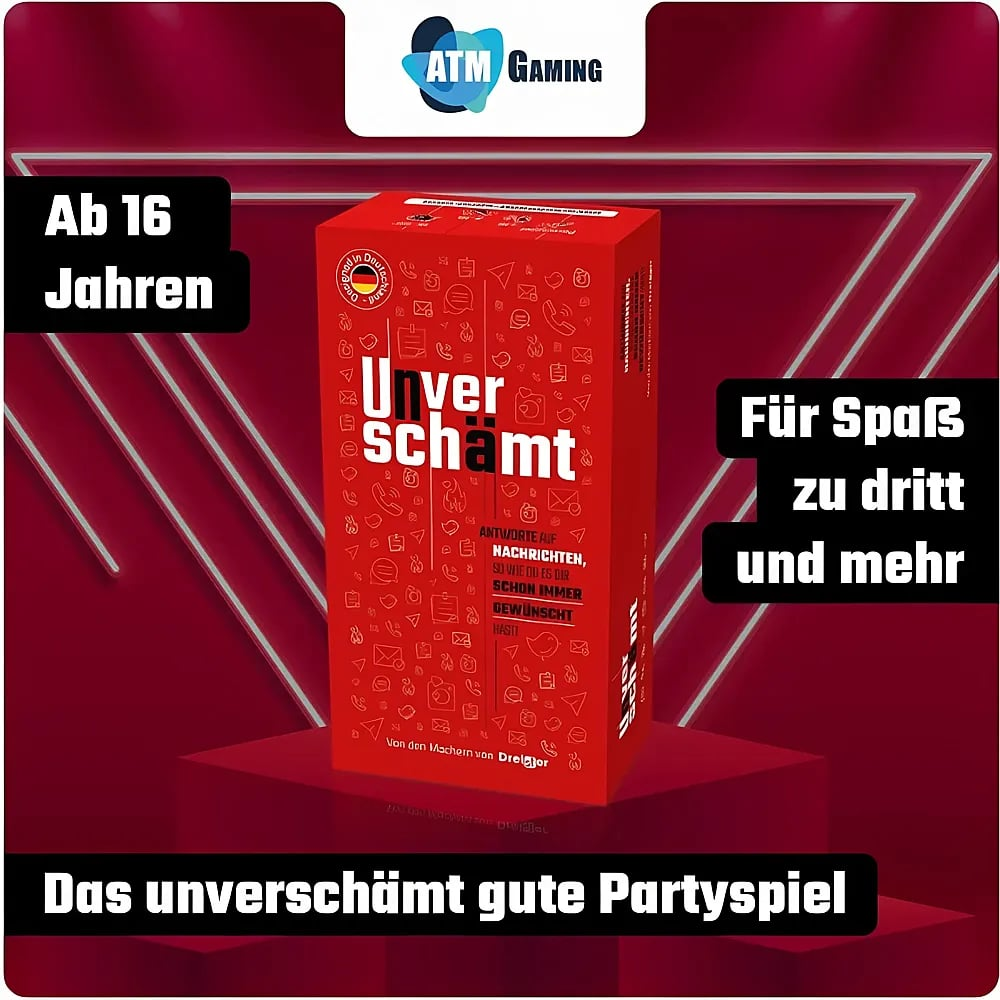 Eine rote Spielschachtel von 'Unverschämt' mit weißem Text und Symbolen vor einem dunkelroten Hintergrund.