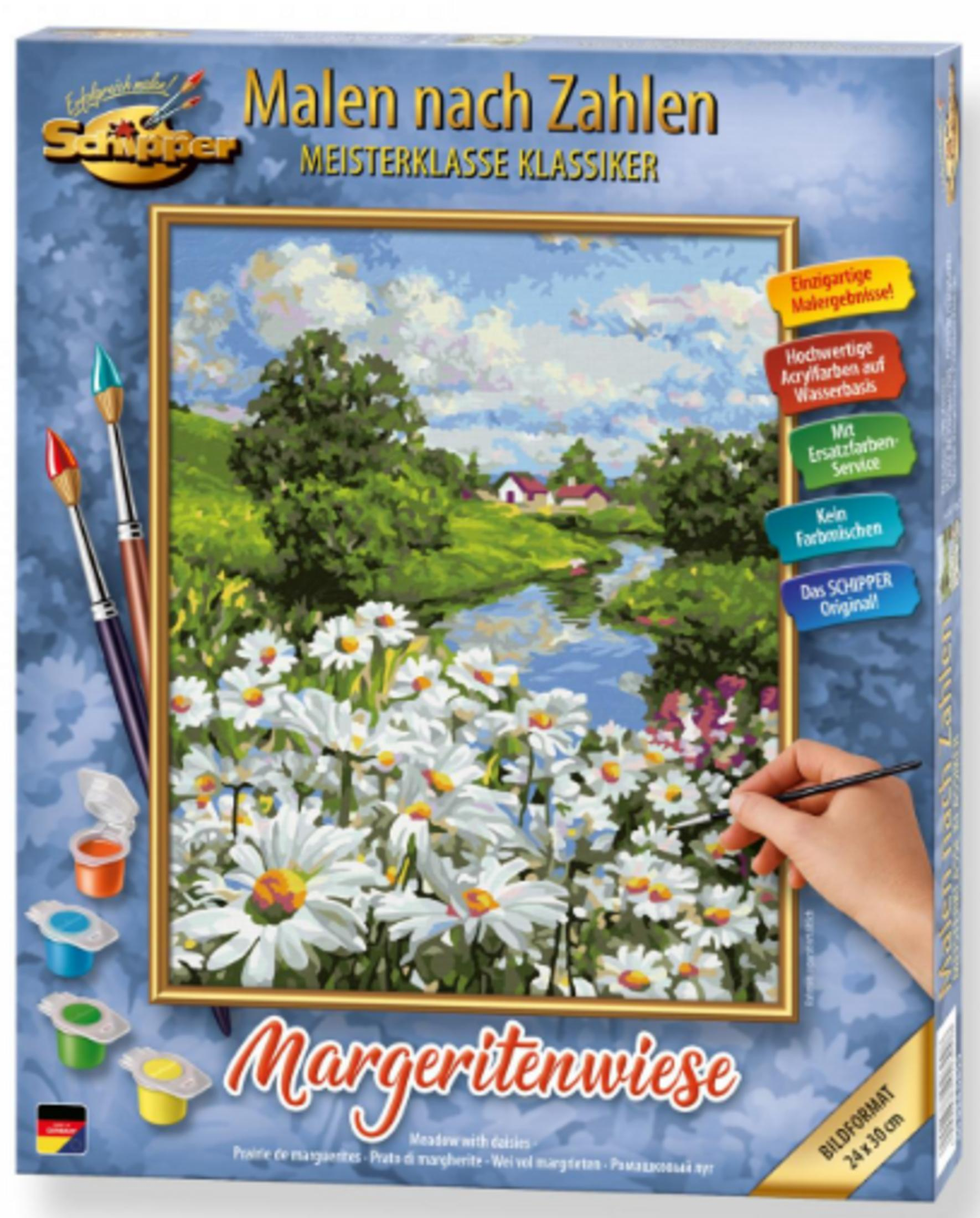 Schipper Malen nach Zahlen Box mit einer Margeritenwiese, Farben und Pinsel.