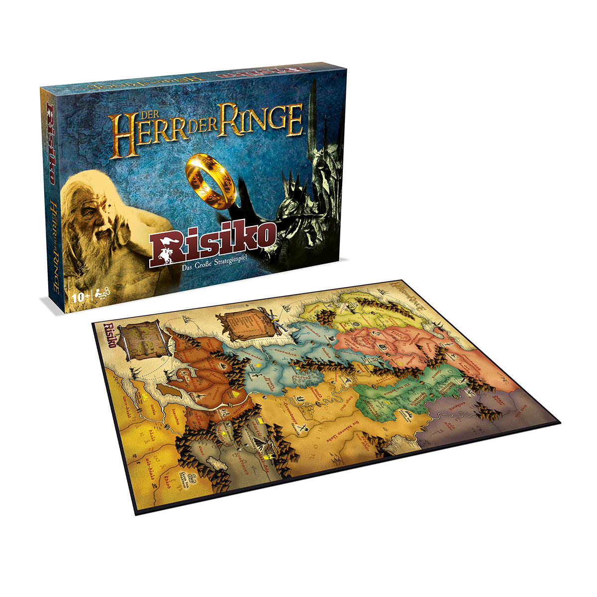 Das Herr der Ringe Risiko Brettspiel mit Box, die Gandalf und den Ring zeigt, und ausgelegter Karte von Mittelerde.