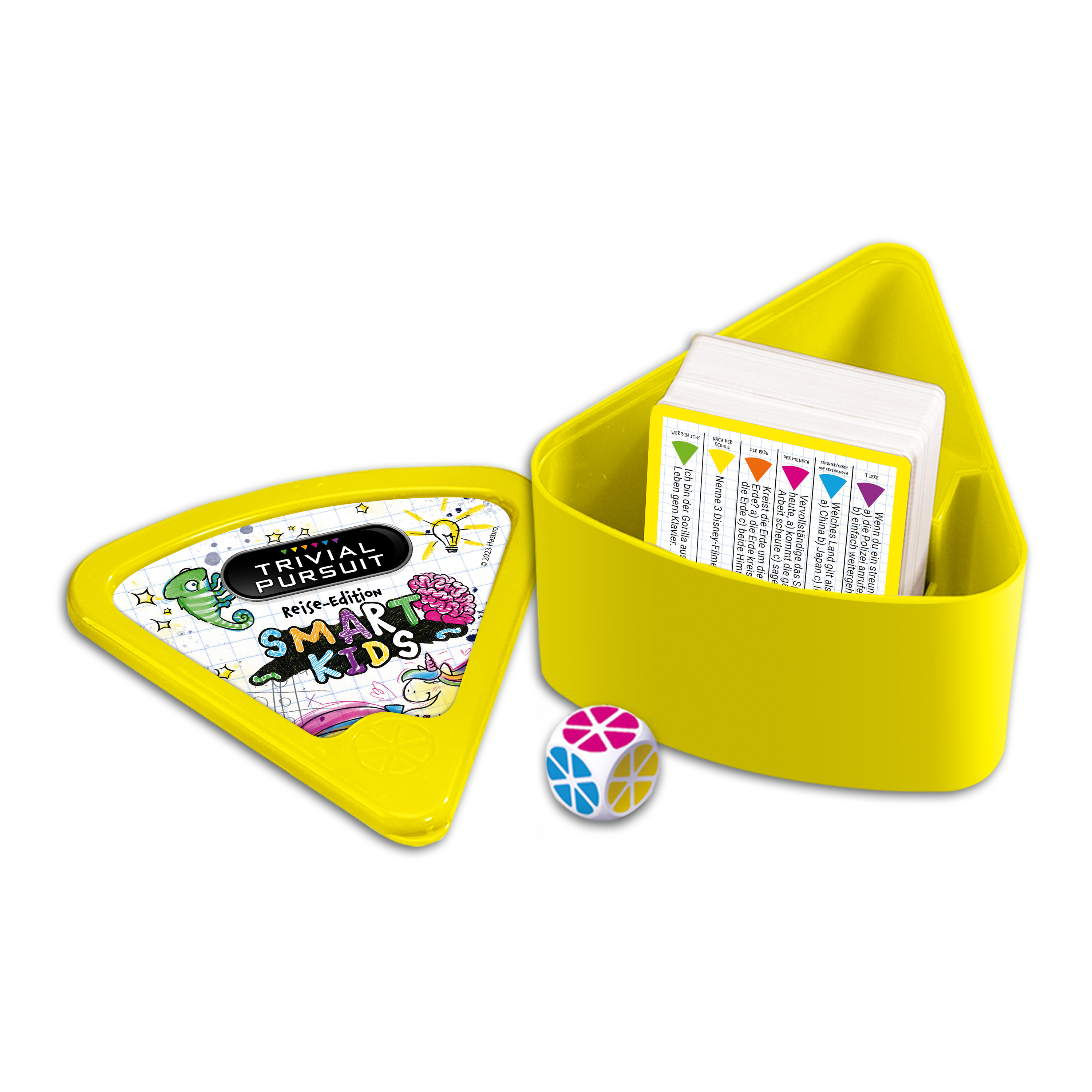 Boîte de voyage jaune Trivial Pursuit Smart Kids avec des cartes et un dé coloré.