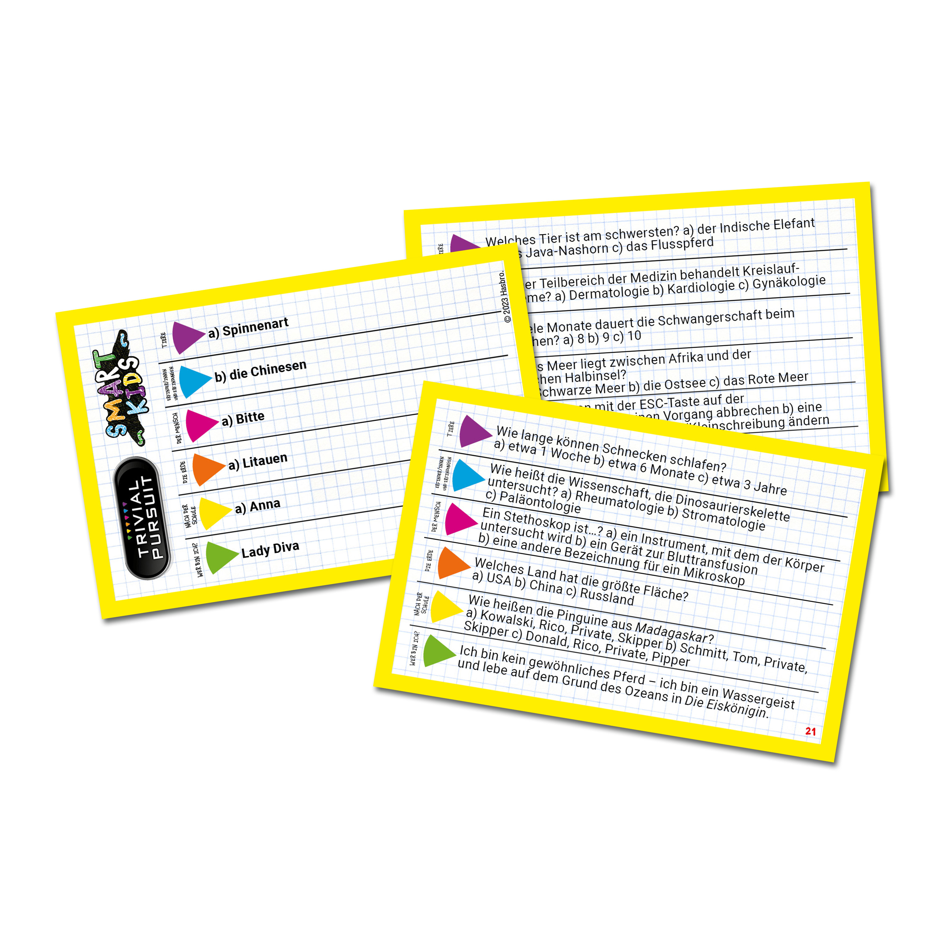 Trois cartes de questions jaunes Trivial Pursuit Smart Kids sur fond blanc avec des questions en allemand.