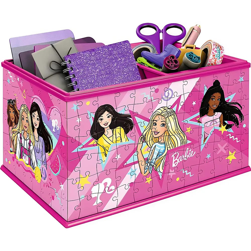 Ein pinkfarbener Barbie-Aufbewahrungskorb gefüllt mit Schreibwaren, Notizbüchern und Schulbedarf.