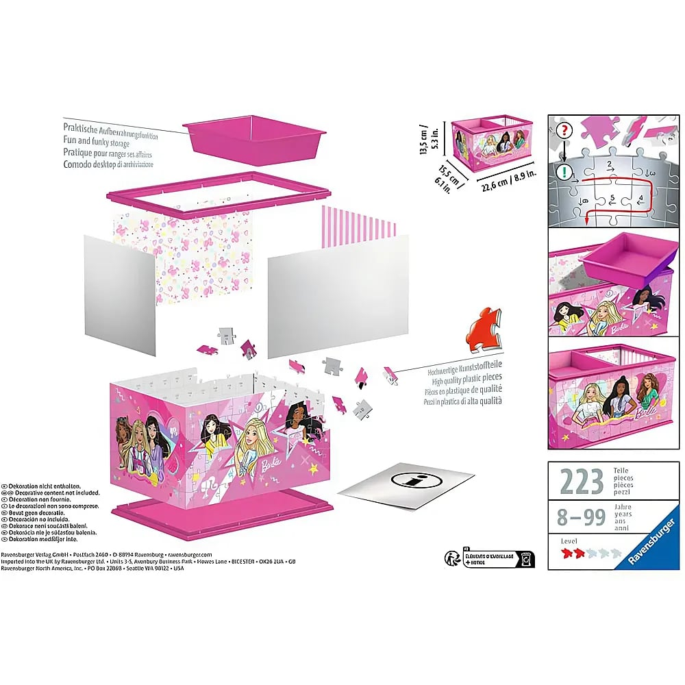 Explosionszeichnung eines Barbie-Aufbewahrungs-Puzzlebox-Sets mit Maßen, Teilen und Anleitung.