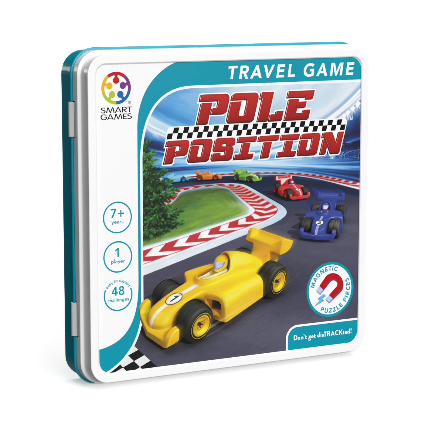 Boîte de jeu de voyage Pole Position SmartGames avec une illustration colorée de circuit et de voitures.