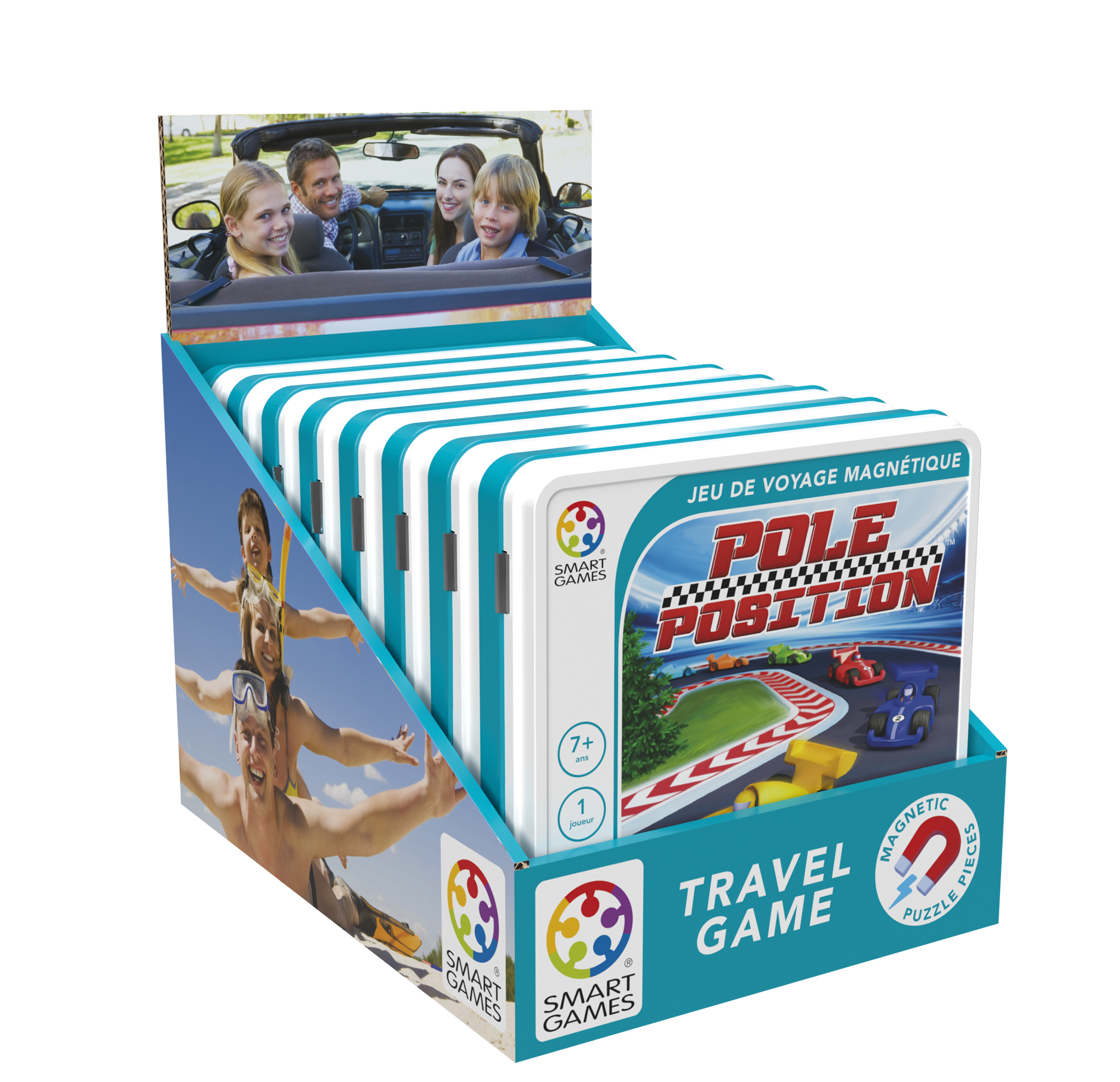 Présentoir en carton rempli de plusieurs exemplaires du jeu de voyage magnétique Pole Position.