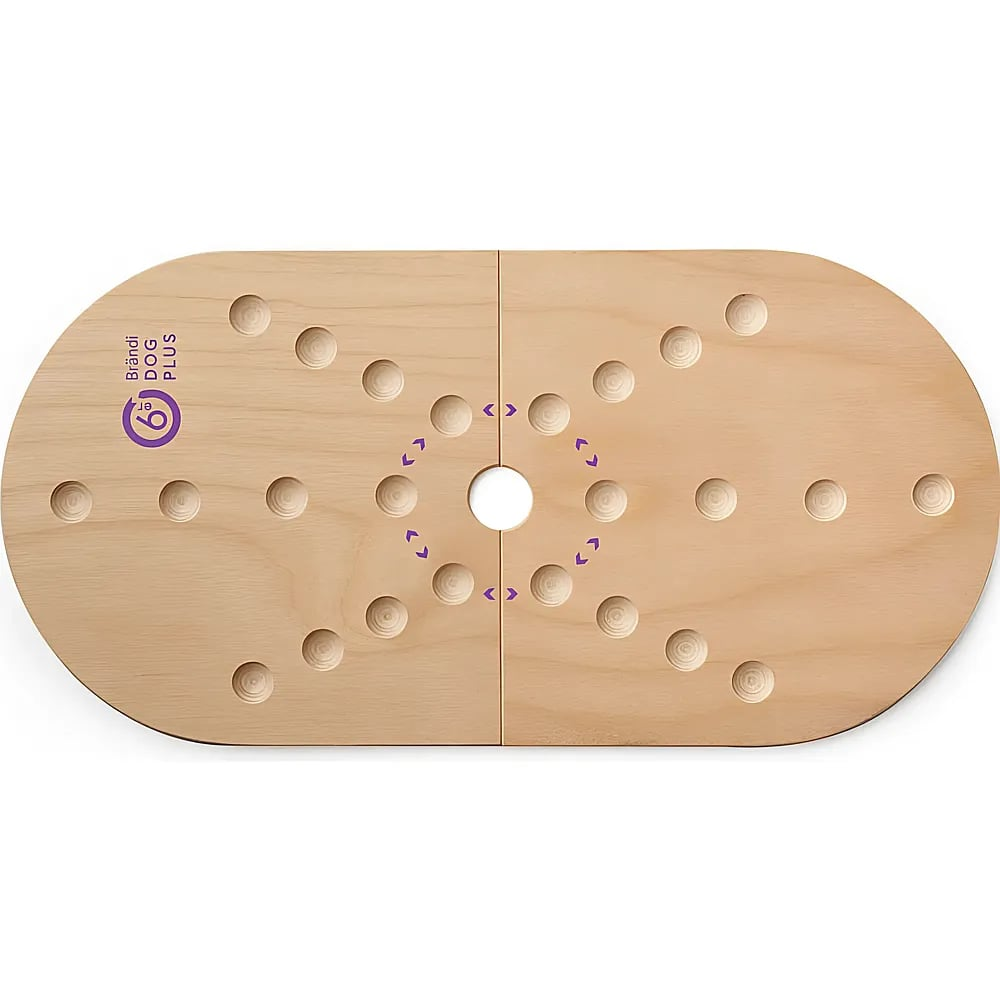 Un plateau de jeu ovale en bois avec des encoches rondes et des symboles violets sur fond blanc.