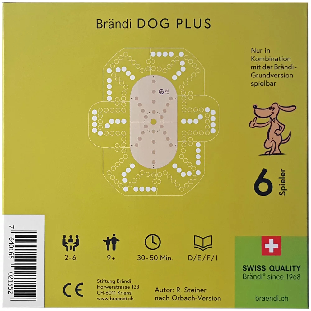 Boîte de jeu verte Brändi DOG PLUS pour 2-6 joueurs avec schéma du plateau, chien cartoon et drapeau suisse.