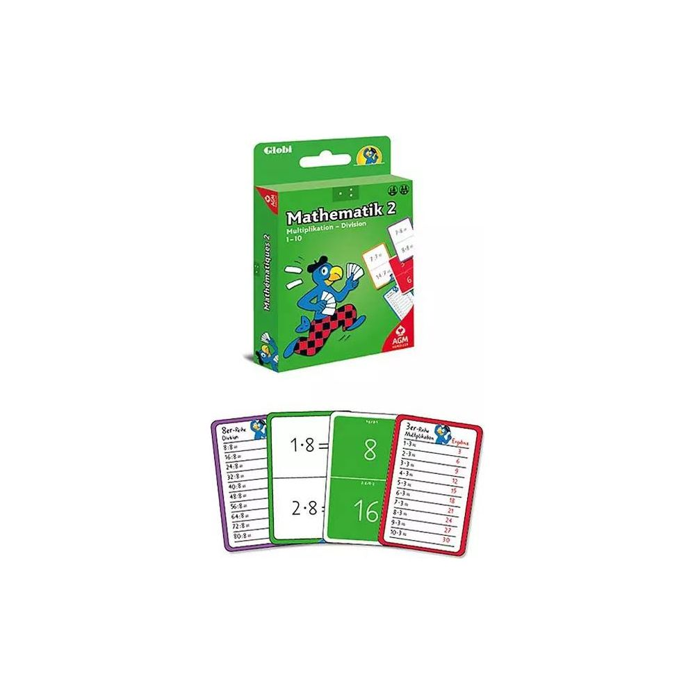 Boîte verte de Mathématiques 2 avec cartes flash de multiplication et division et quatre cartes d'exemple.