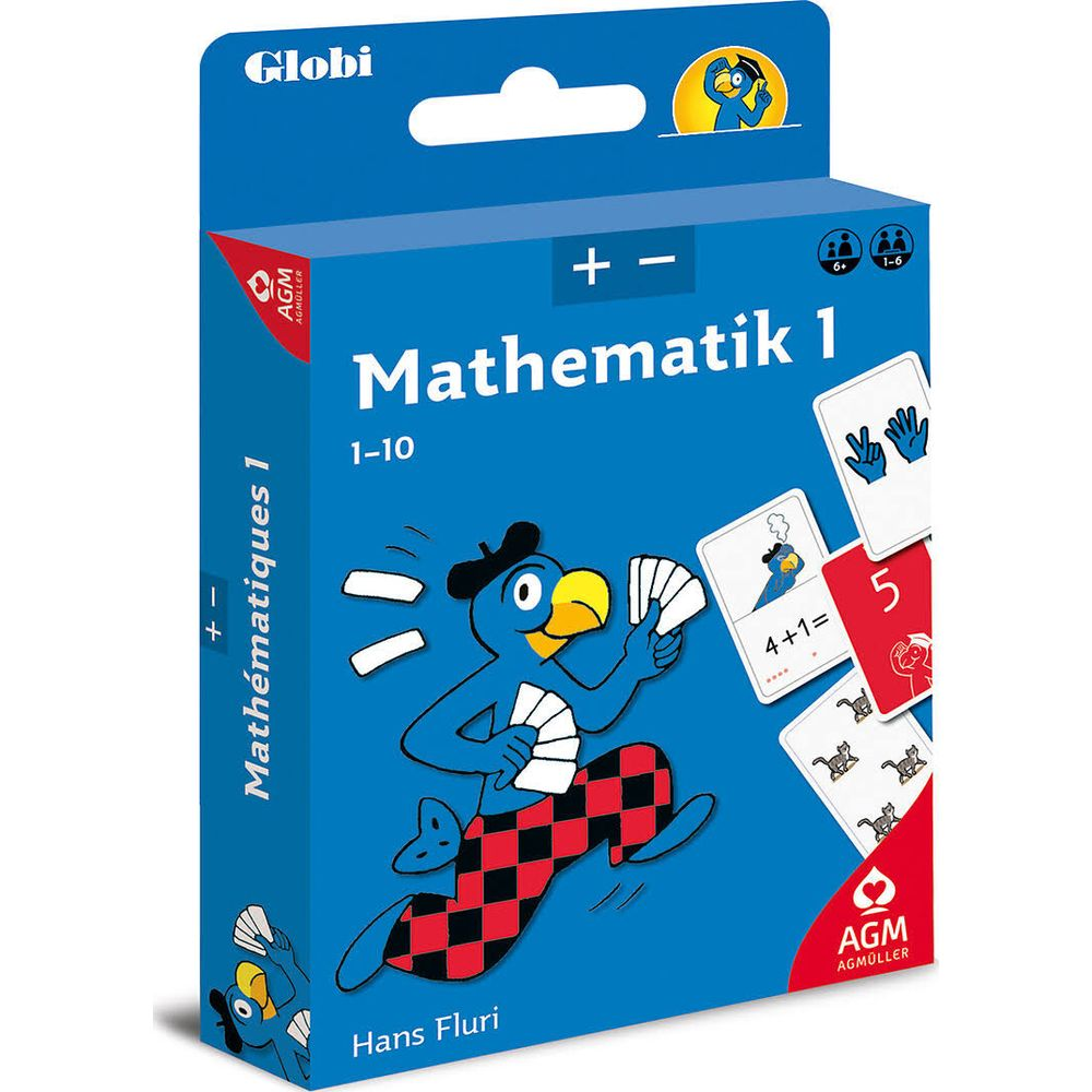 Boîte bleue du jeu de cartes Globi Mathematik 1 avec un perroquet de dessin animé en pantalon à carreaux.