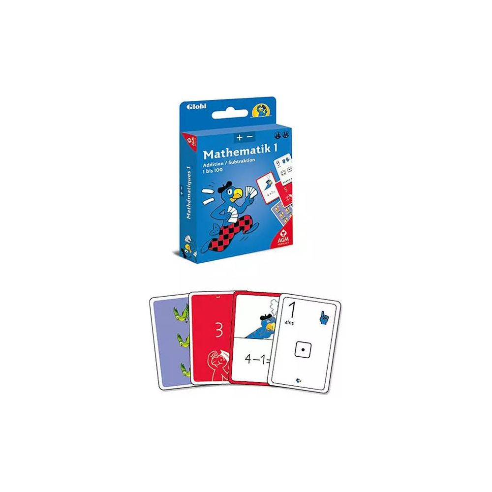 Boîte de jeu de cartes Globis Mathematik 1 avec quatre cartes pédagogiques colorées montrant des chiffres.
