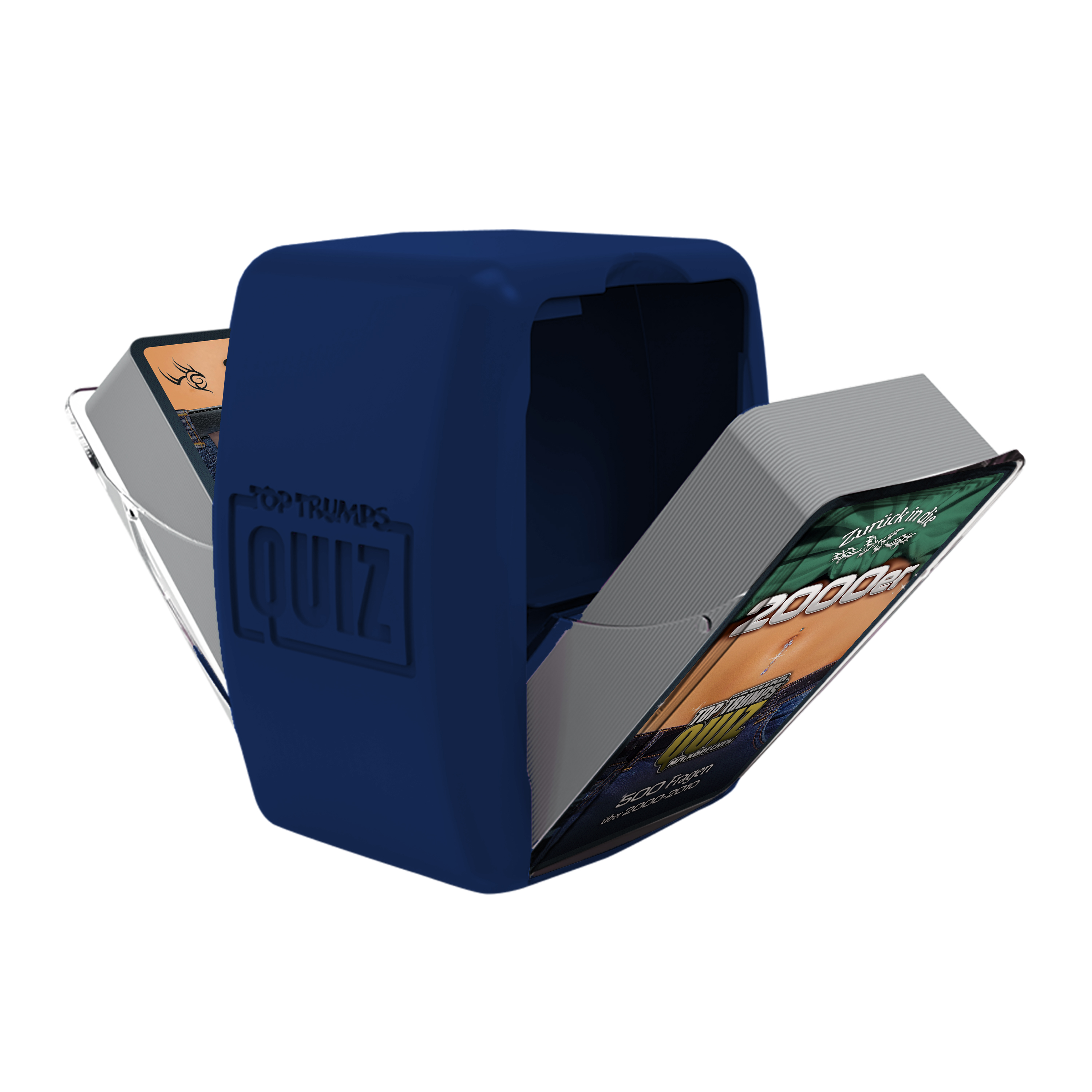 Una scatola di plastica blu Top Trumps Quiz è aperta, mostrando mazzi di carte all'interno.