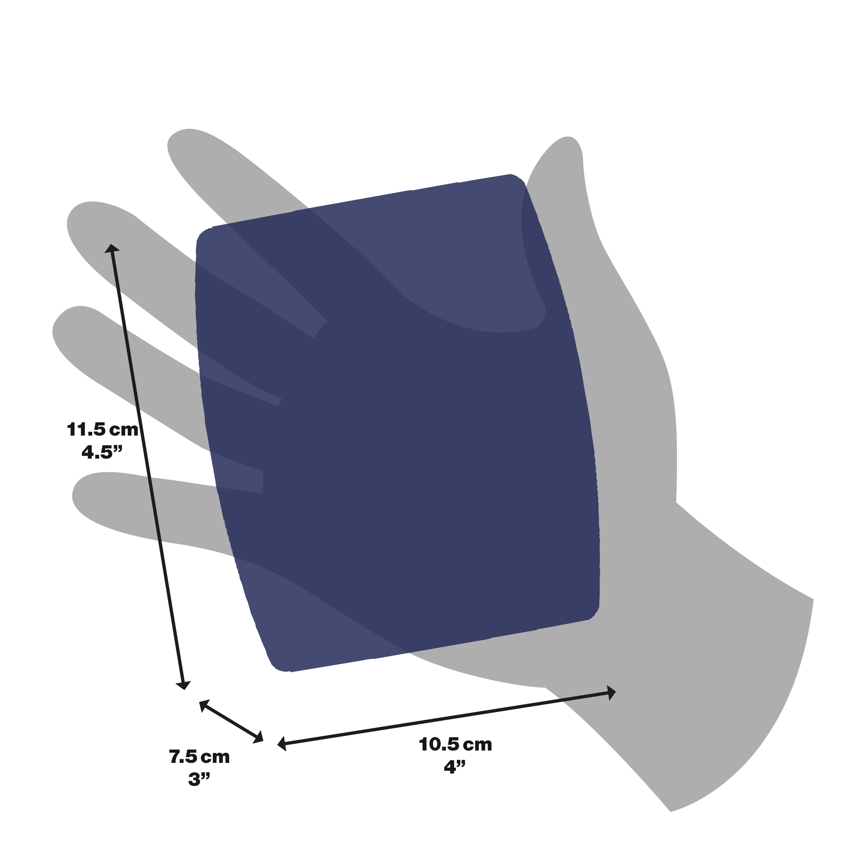 Diagramma di una mano che tiene un oggetto blu con misure.