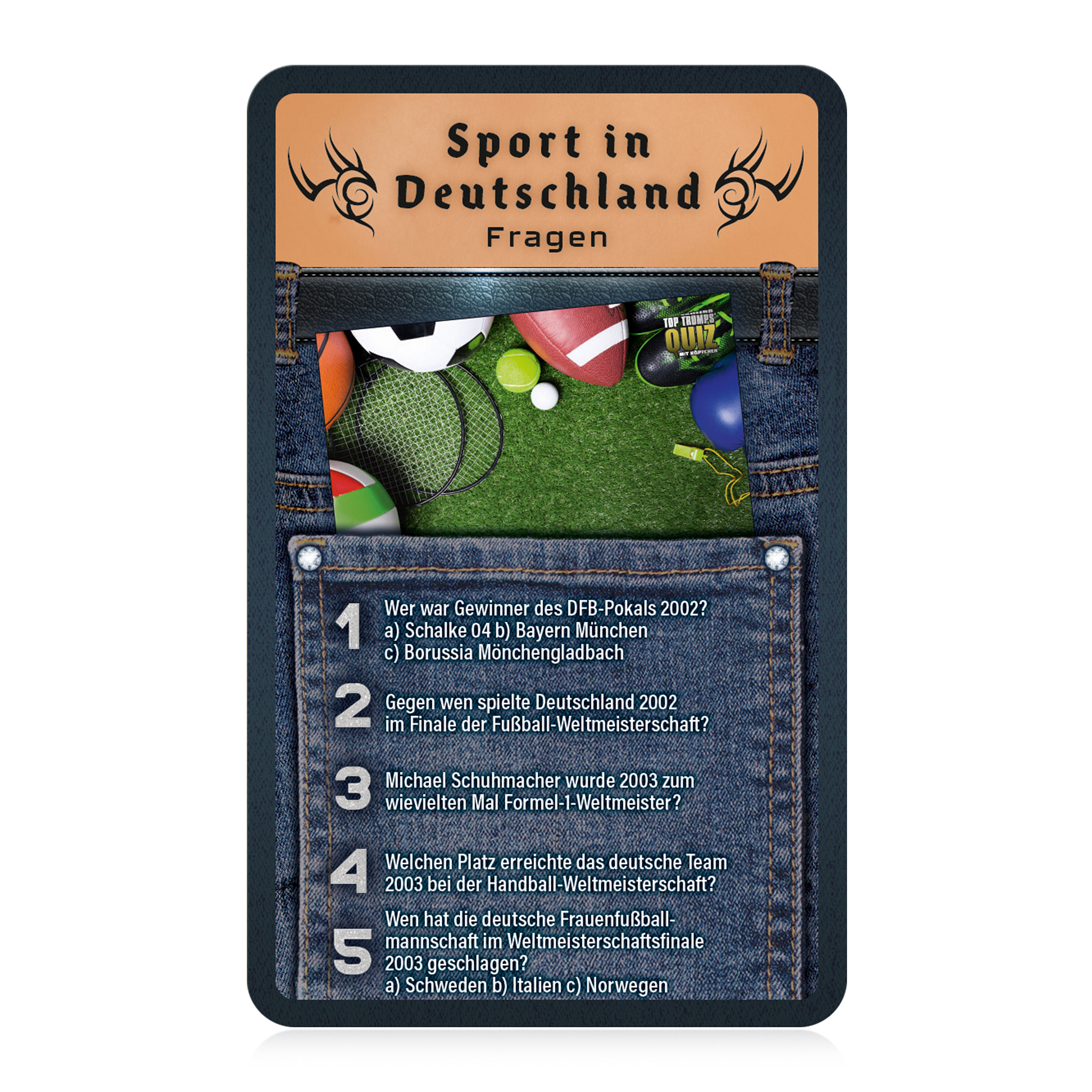 Una carta quiz sullo sport in Germania, con attrezzatura sportiva su prato e cinque domande numerate.