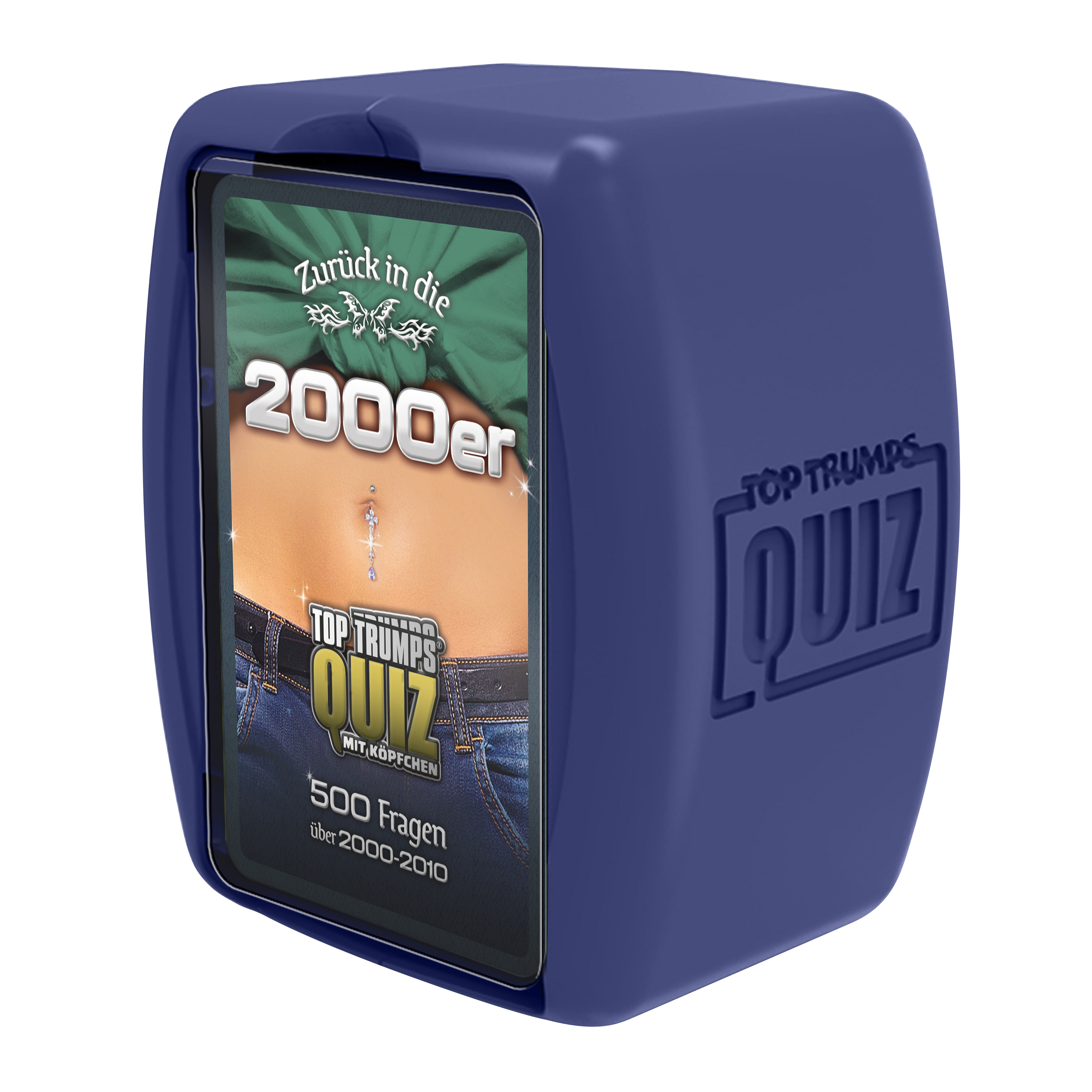 Una scatola blu in plastica Top Trumps Quiz con una carta a tema anni 2000 che mostra un addome.