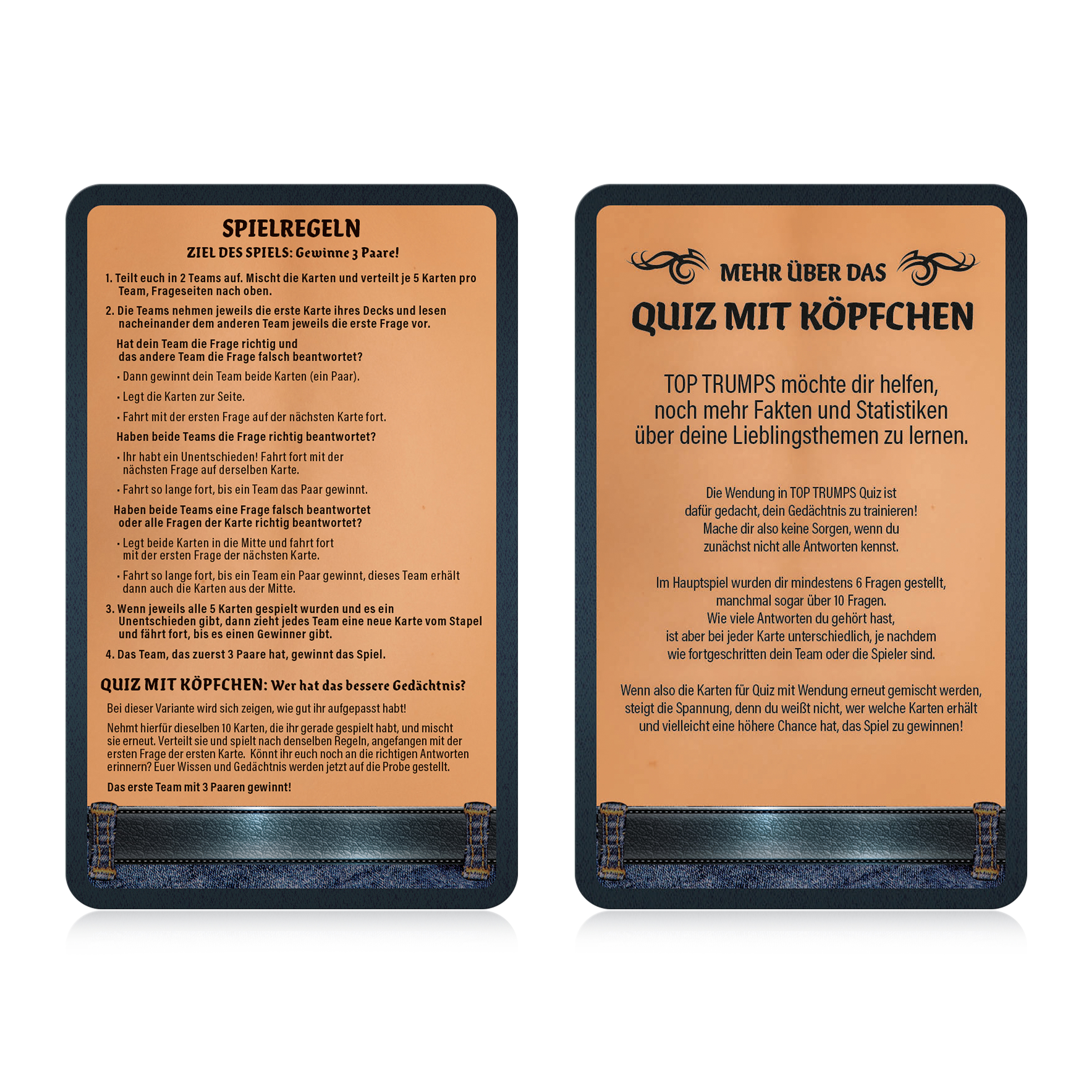 Due carte da gioco con regole e quiz su sfondo arancione, bordi neri e strisce di jeans in basso.