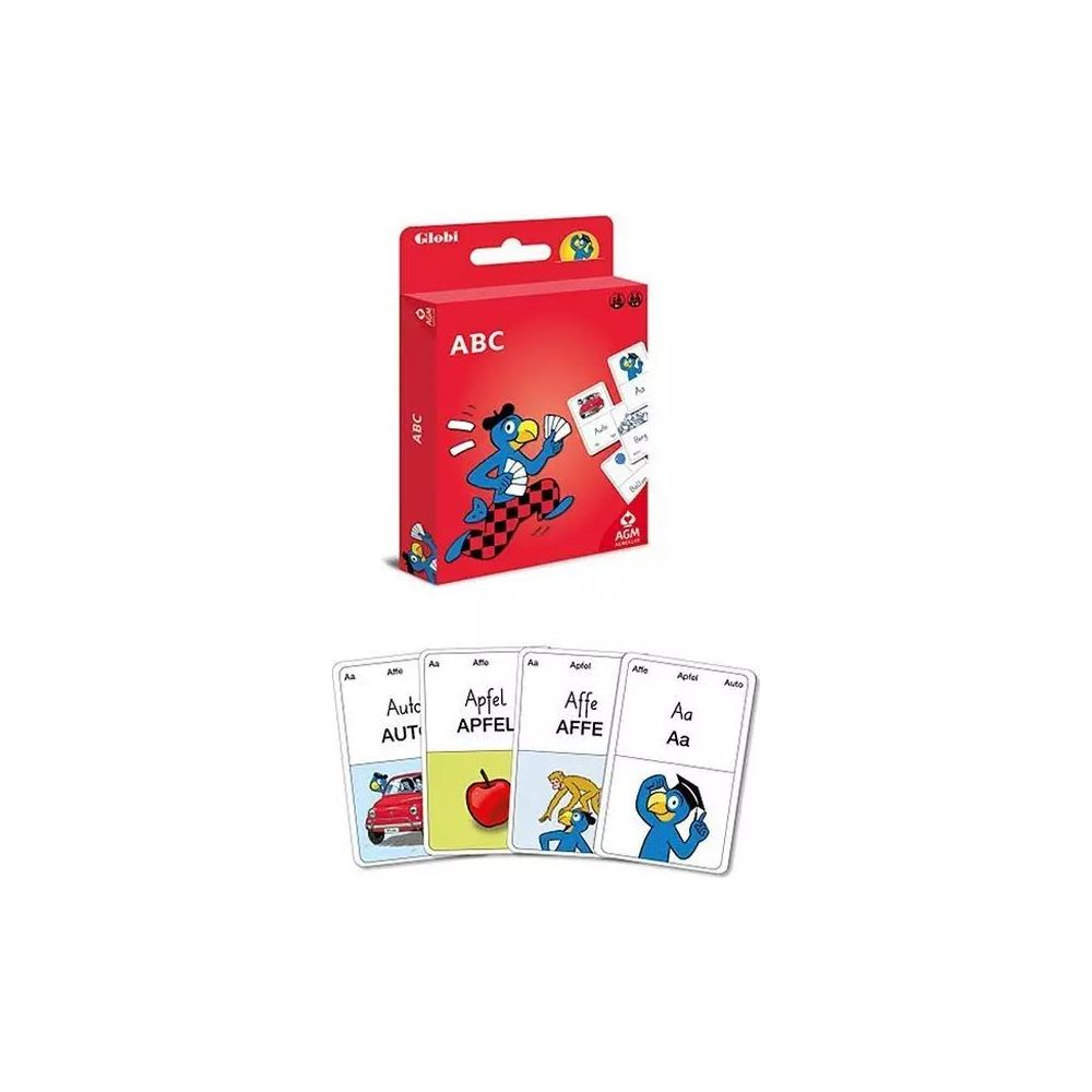 Cartes flash Globi ABC dans une boîte rouge avec quatre cartes d'exemple devant: voiture, pomme, singe et lettre A.
