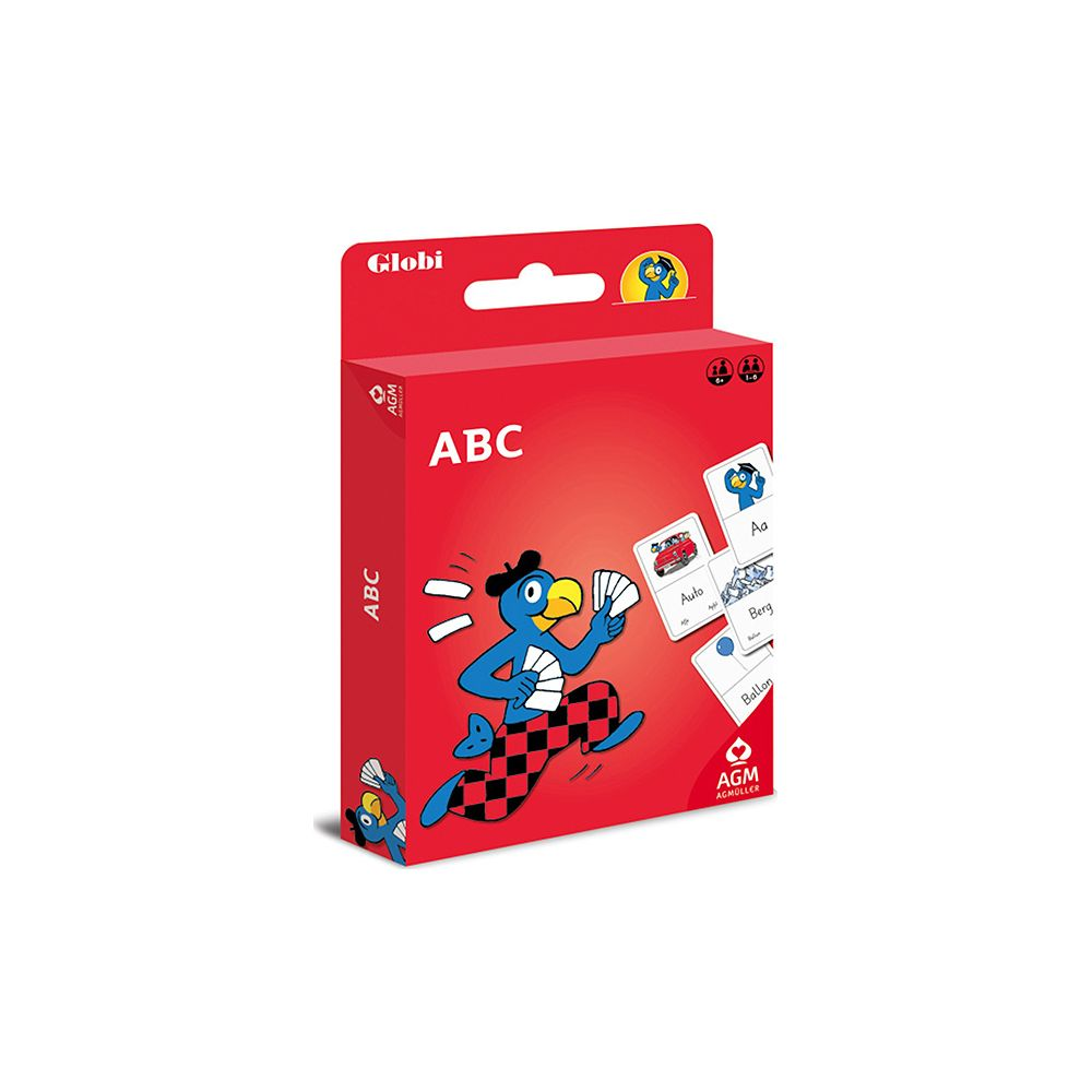 Boîte de jeu rouge avec un oiseau bleu et des cartes ABC.