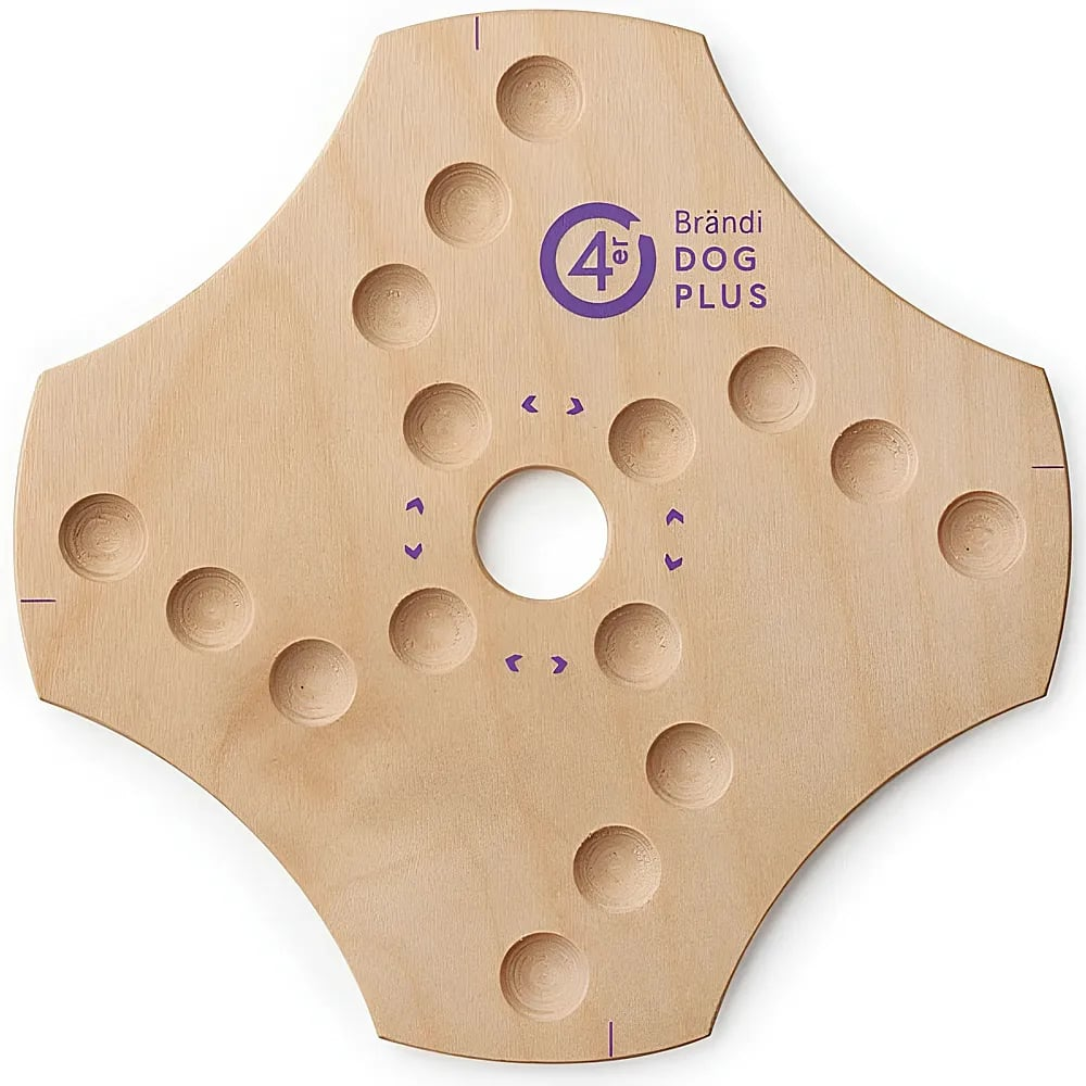 Plateau en bois Brändi Dog Plus avec creux et logo violet.
