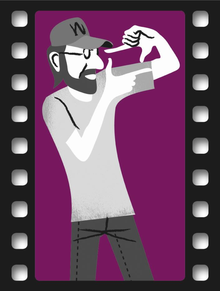 Illustration eines bärtigen Regisseurs mit Brille und Kappe, der einen Bildausschnitt mit den Händen formt.