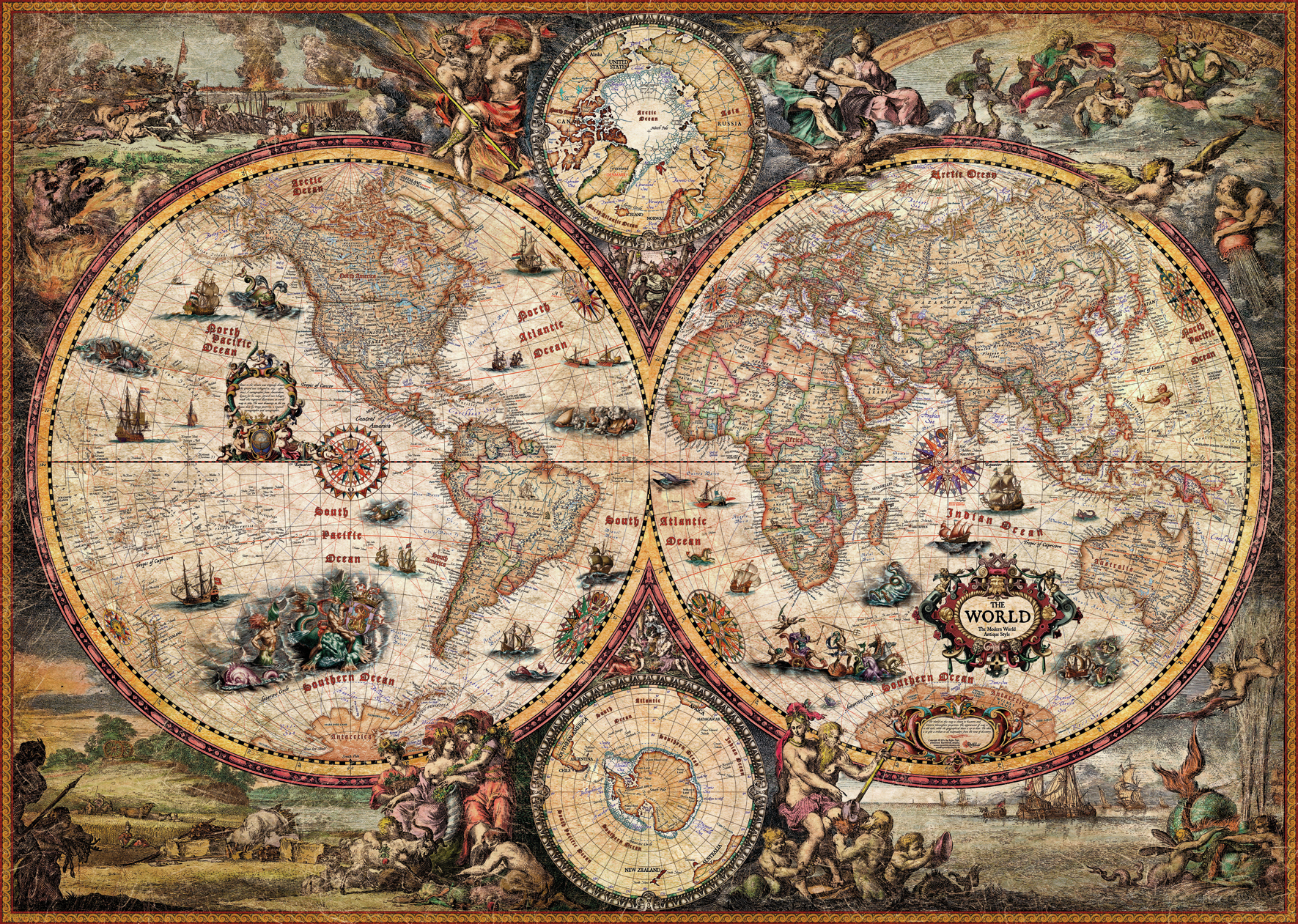 Antike Weltkarte mit zwei Erdhalbkugeln, dekorativen Rändern, allegorischen Figuren und nautischen Symbolen.