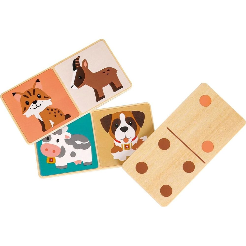 Jeu de dominos en bois avec des motifs d'animaux comme le renard, la chèvre, la vache et le chien.