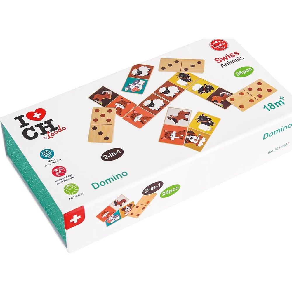 Boîte de jeu de dominos Swiss Animals montrant des pièces en bois avec des animaux.