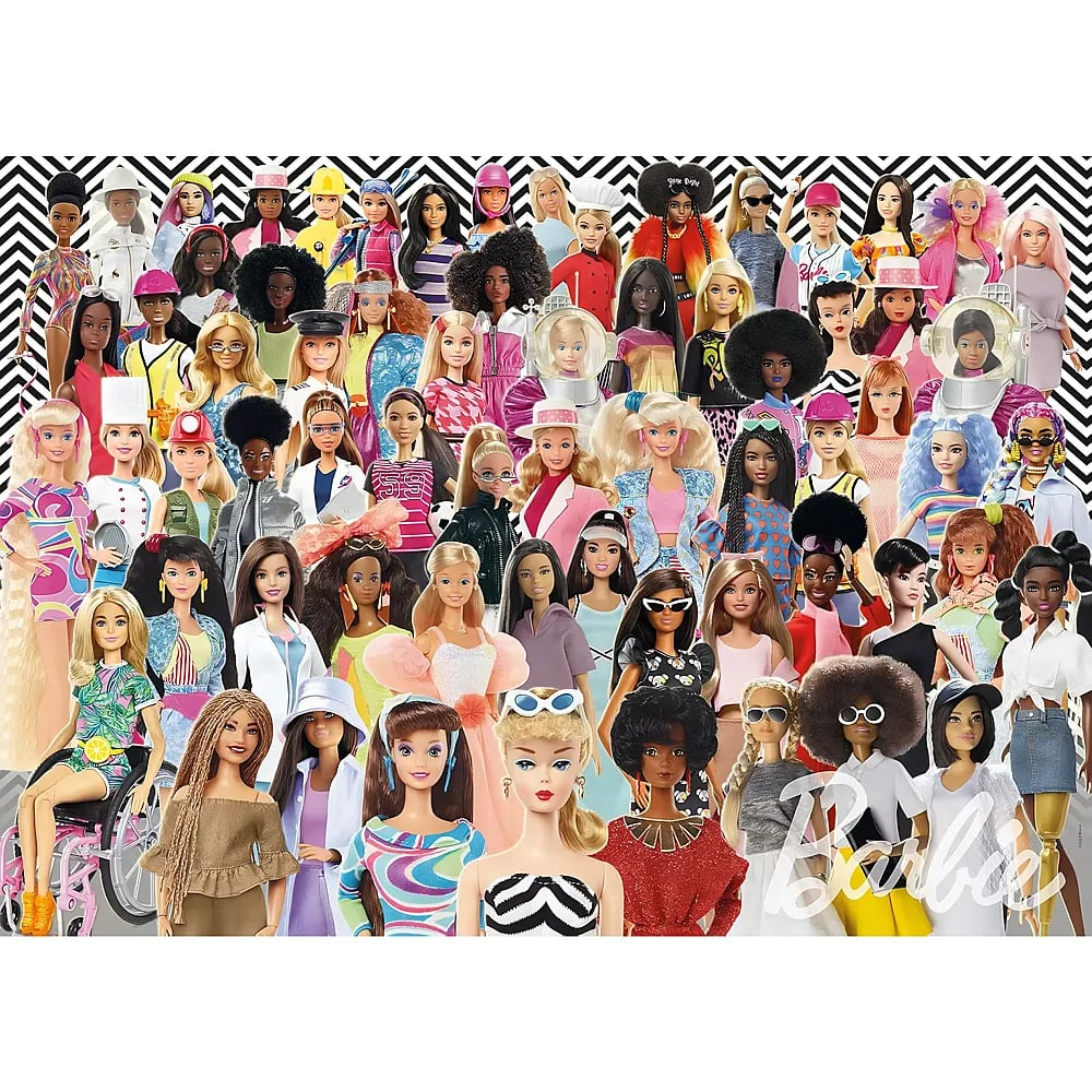 Eine Collage aus diversen Barbie-Puppen mit verschiedenen Ethnien, Frisuren und Outfits vor schwarz-weißem Zickzack-Hintergrund.