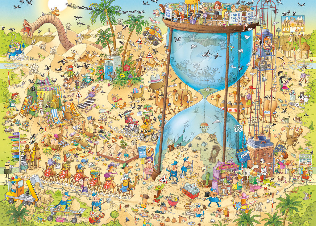 Eine cartoonartige Wüstenszene mit einer riesigen Sanduhr, Tieren, Menschen und vielen humorvollen, wuseligen Details.