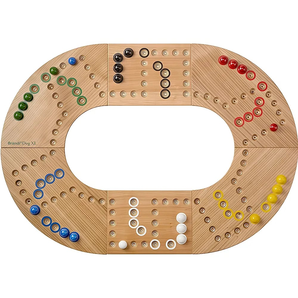 Un jeu de société ovale en bois avec des billes colorées et des trous numérotés, disposés en sections.