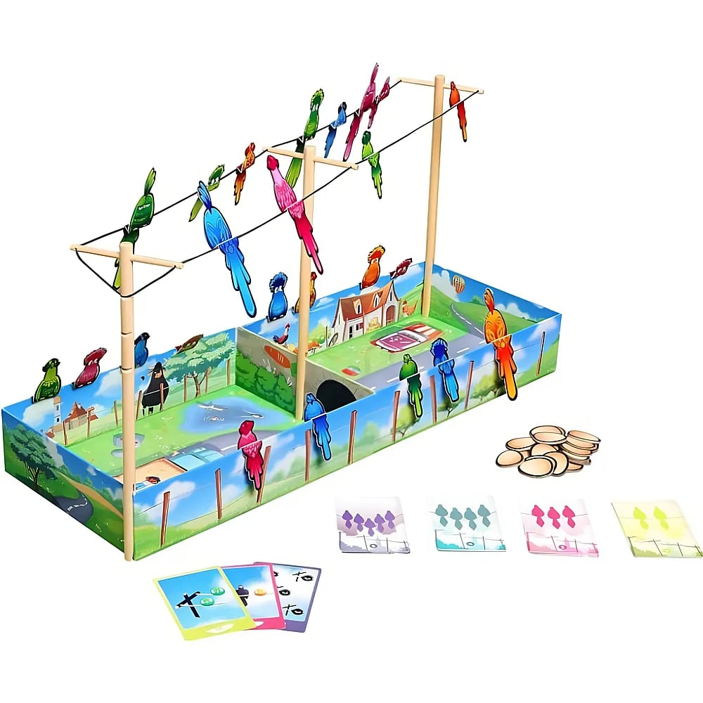 Buntes Brettspiel mit Seilen, bunten Papageifiguren und Karten auf weißem Hintergrund.