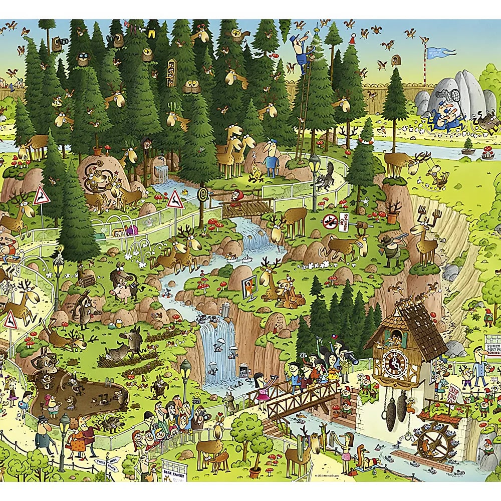 Wimmelbild einer waldigen Landschaft mit vielen Tieren, Hirschen, Bäumen, einem Fluss und kleinen Figuren.