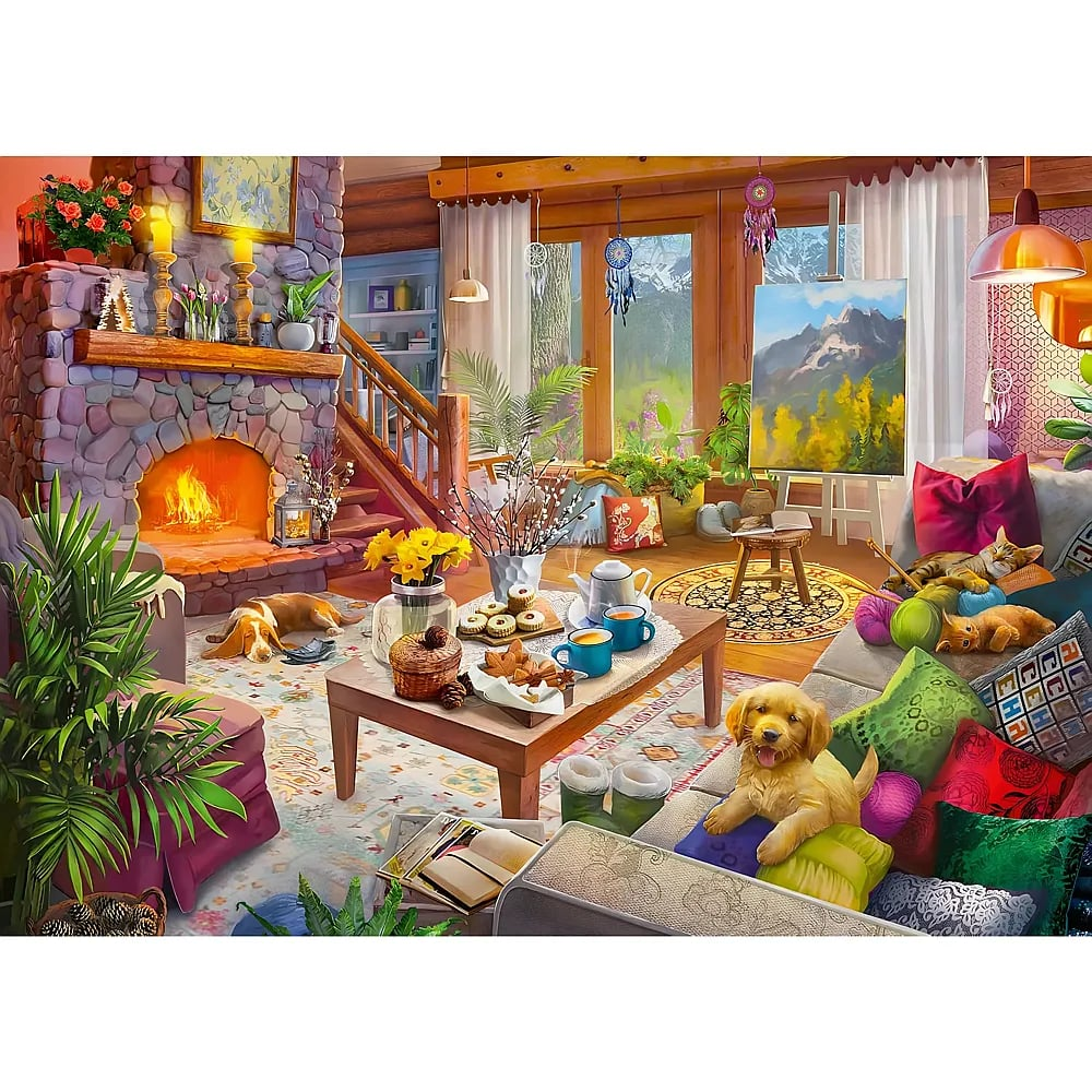 Gemütliches Wohnzimmer mit Kamin, Haustieren, Gemälde und Kaffeetisch.