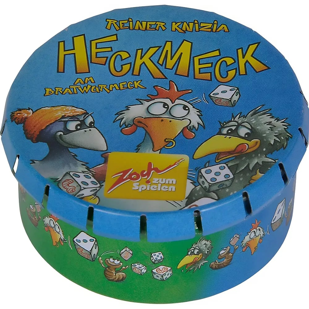 Blaue Metallbox des Würfelspiels Heckmeck am Bratwurmeck mit Cartoon-Hühnern, Würmern und Würfeln auf dem Deckel.