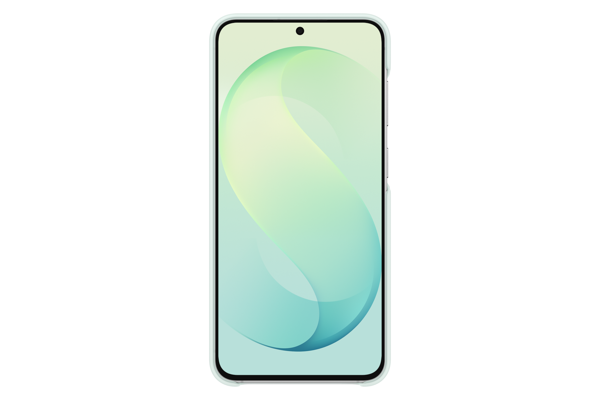 Ein Smartphone in Schutzhülle zeigt auf dem Display einen blassgrünen Hintergrund mit geschwungenen Mustern.