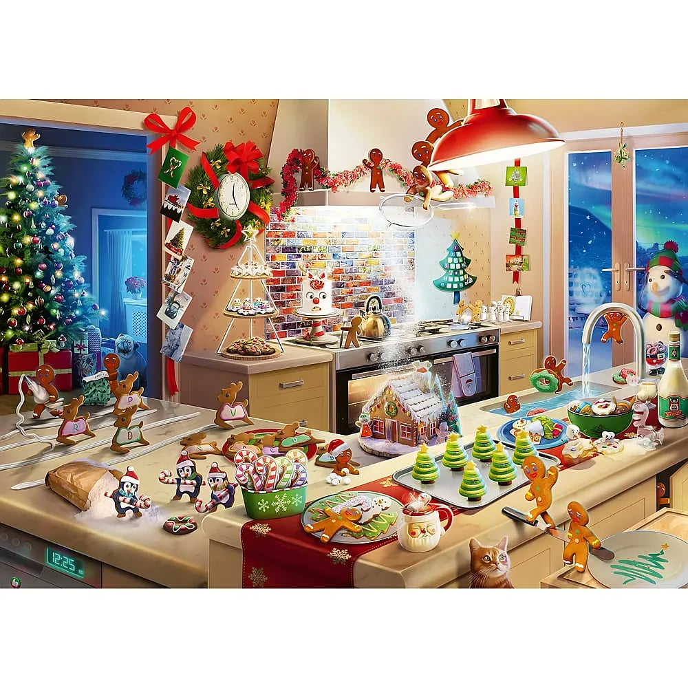 Festliche Küche voller Lebkuchenmännchen, Plätzchen und Dekorationen, mit einem Weihnachtsbaum im Hintergrund.