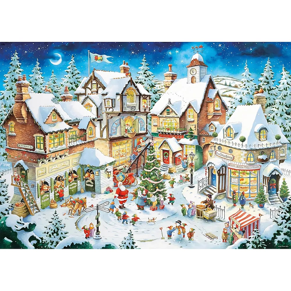 Un villaggio di Natale innevato con edifici colorati, Babbo Natale, un albero decorato e figure allegre.