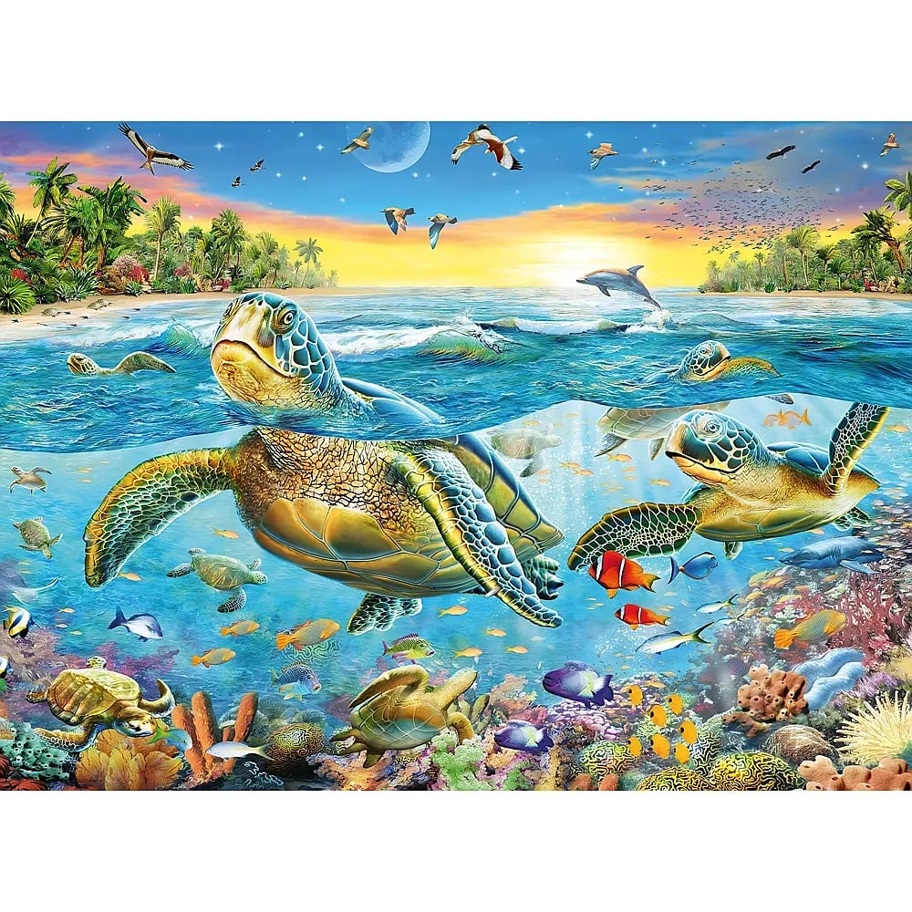 Meeresschildkröten schwimmen in einem lebendigen Ozean mit Korallen, Fischen und einer tropischen Insel bei Sonnenuntergang.