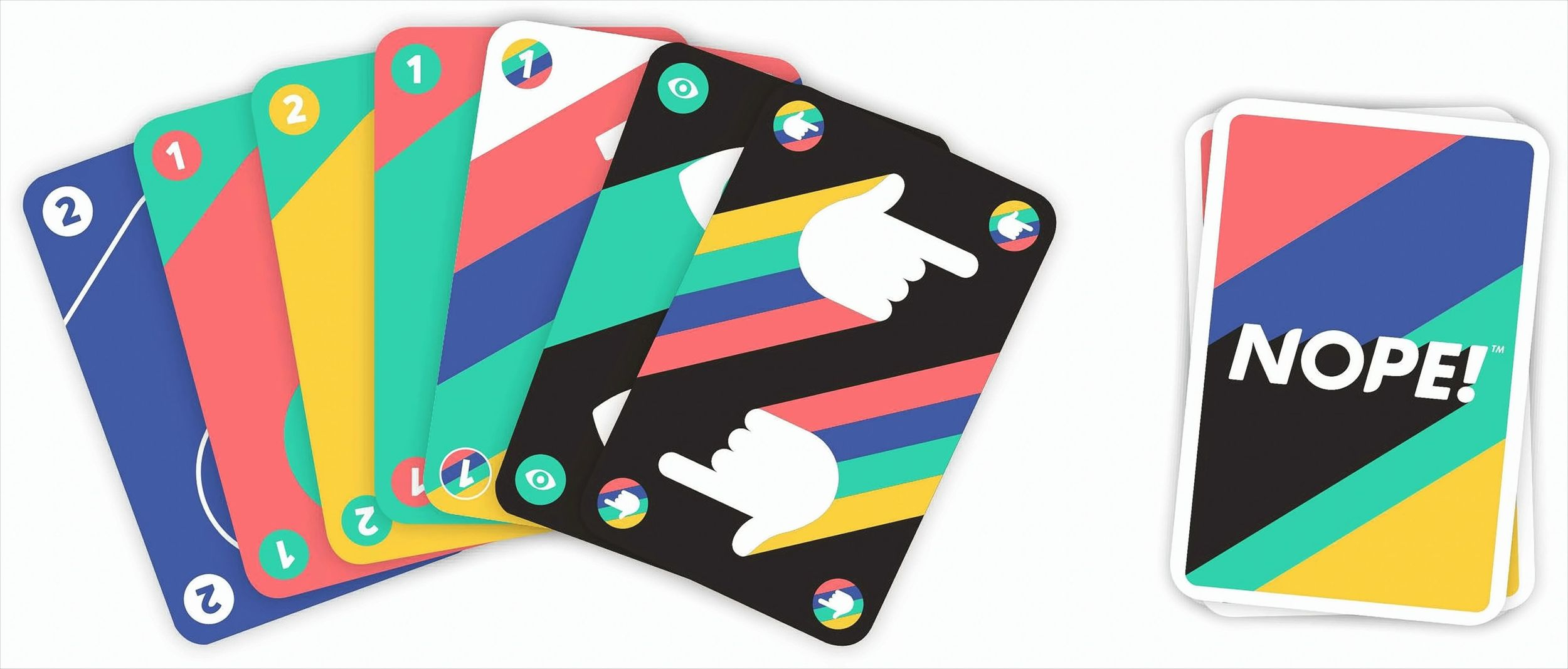 Un éventail de cartes colorées à côté d'un jeu affichant "NOPE!".