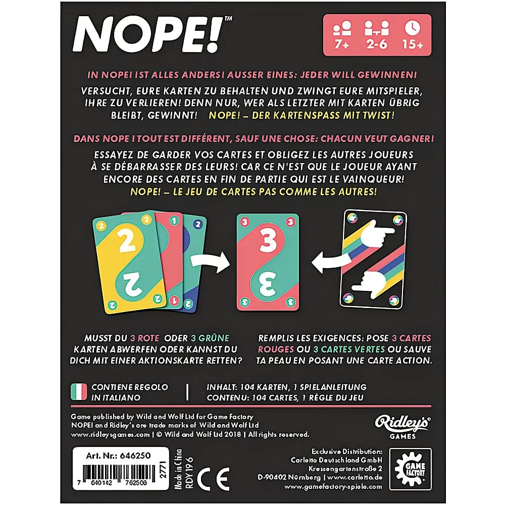 Dos de la boîte du jeu NOPE! avec règles, nombre de joueurs, âge requis et exemples de cartes en couleur.