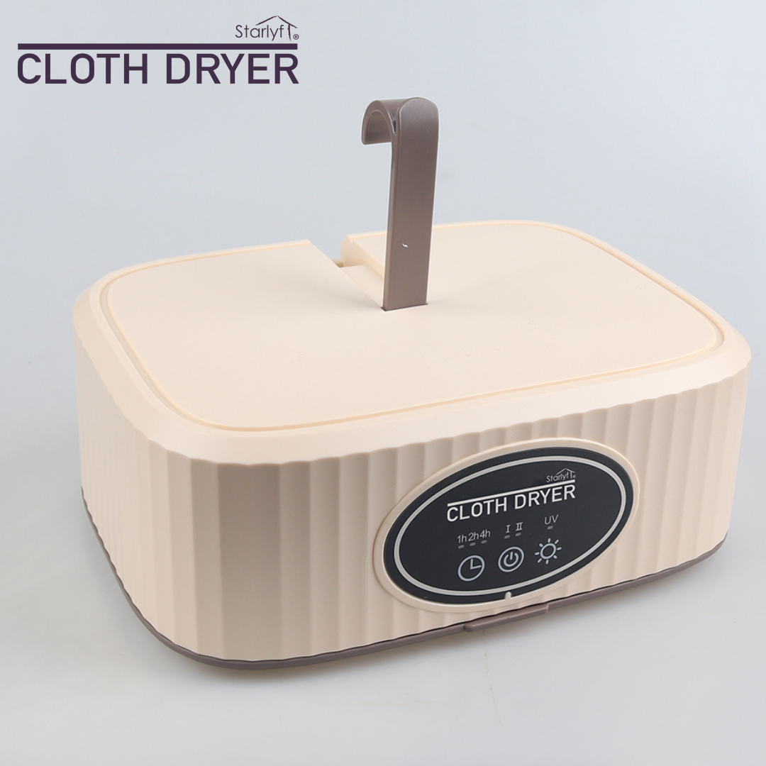 Beige, rechteckige Starlyf Stofftrockner-Box mit Haken oben und schwarzem Bedienfeld.